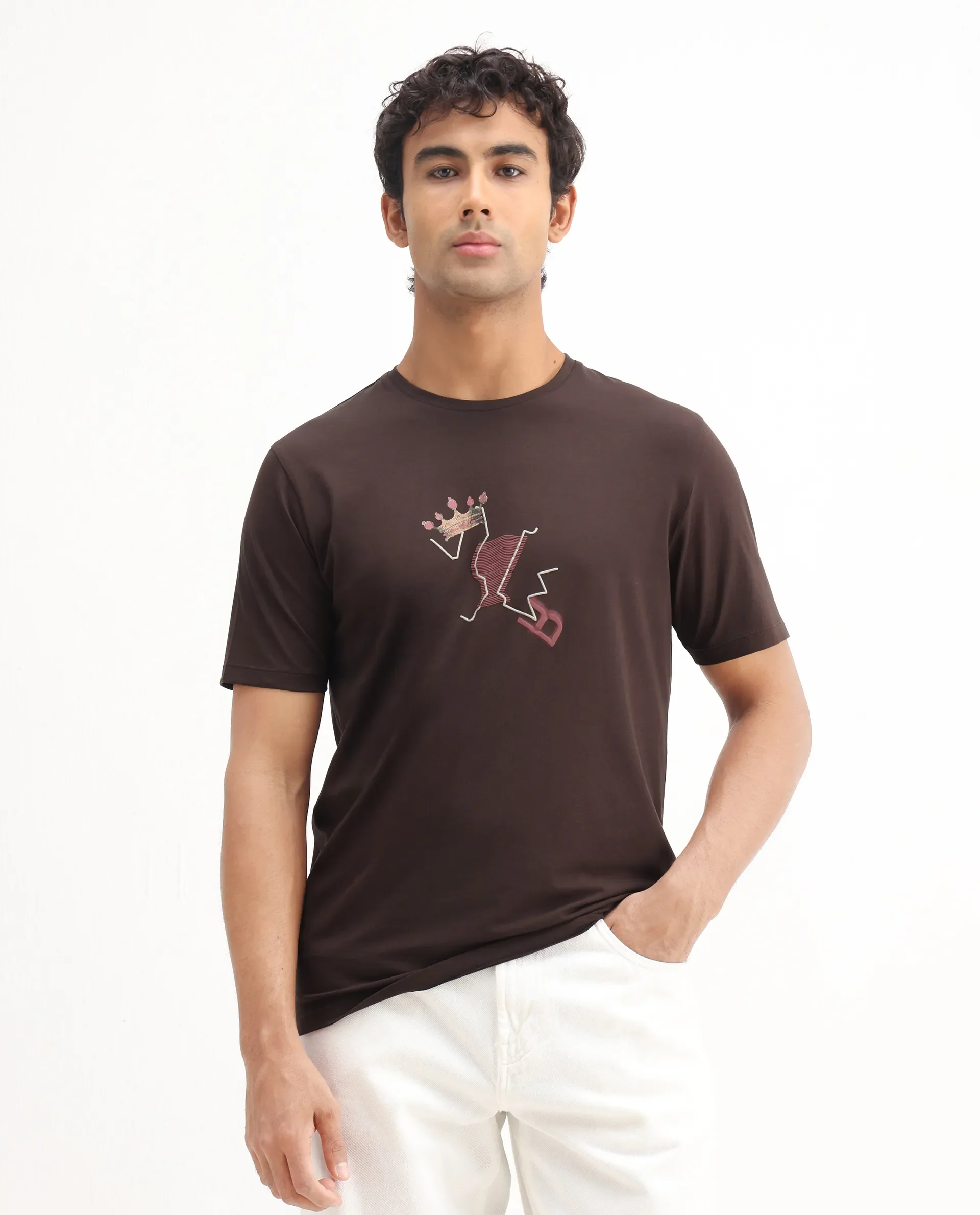 Rare Rabbit Men's Shone Dark Brown Cotton Blend Graphic Print Regular Fit Half Sleeve Crew Neck T-Shirt - Image 4