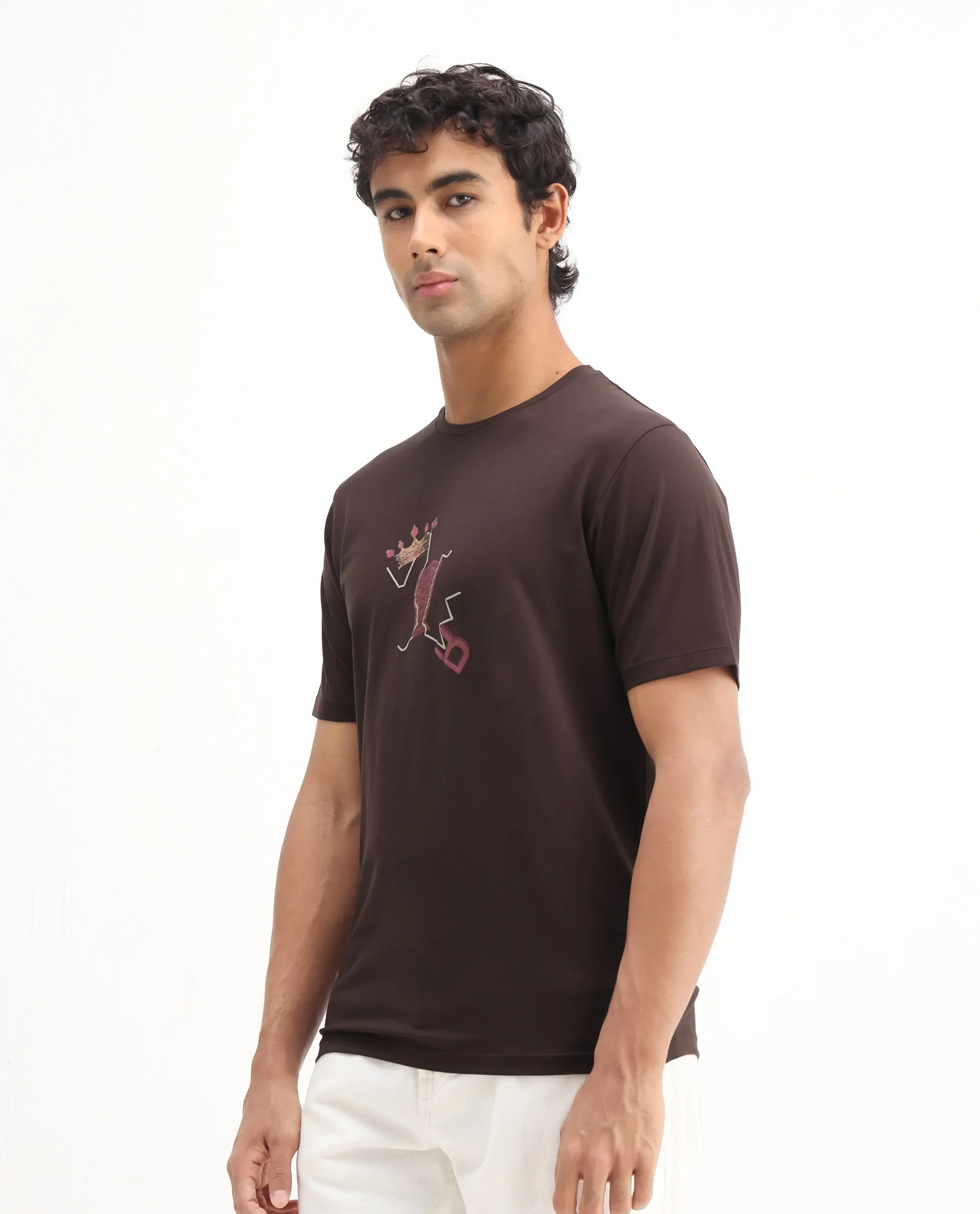 Rare Rabbit Men's Shone Dark Brown Cotton Blend Graphic Print Regular Fit Half Sleeve Crew Neck T-Shirt - Image 5