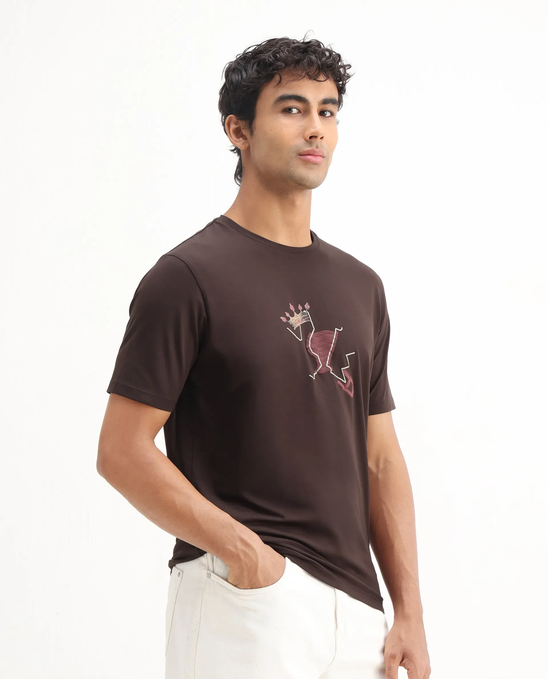 Rare Rabbit Men's Shone Dark Brown Cotton Blend Graphic Print Regular Fit Half Sleeve Crew Neck T-Shirt - Image 6