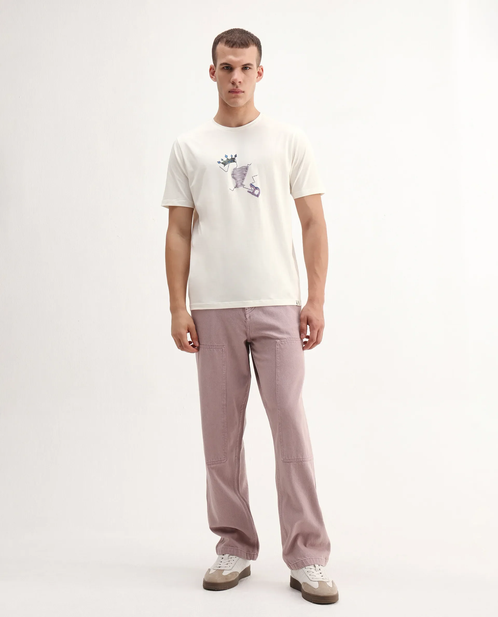 Rare Rabbit Men's Shone Off White Cotton Blend Graphic Print Regular Fit Half Sleeve Crew Neck T-Shirt - Image 2