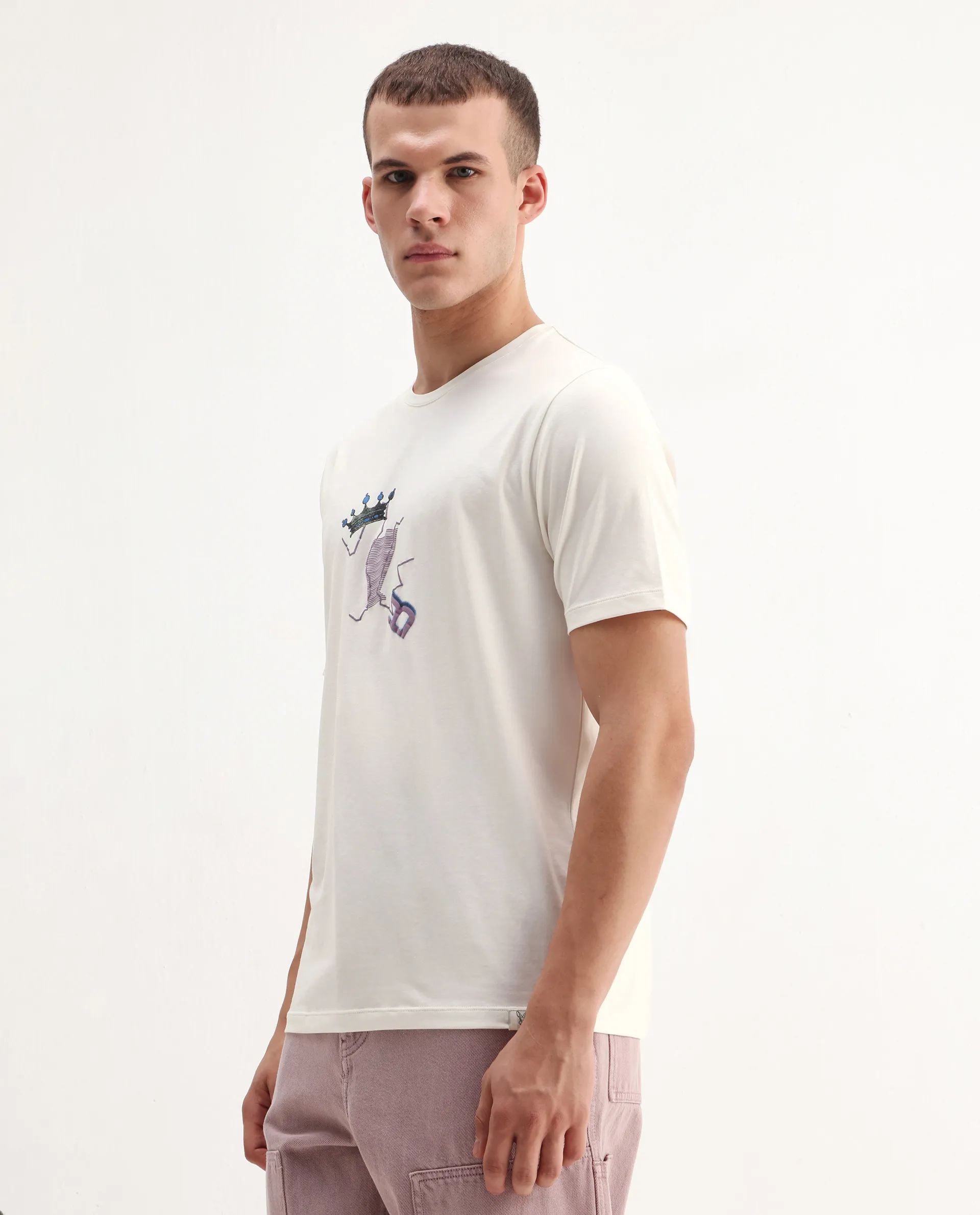 Rare Rabbit Men's Shone Off White Cotton Blend Graphic Print Regular Fit Half Sleeve Crew Neck T-Shirt - Image 4