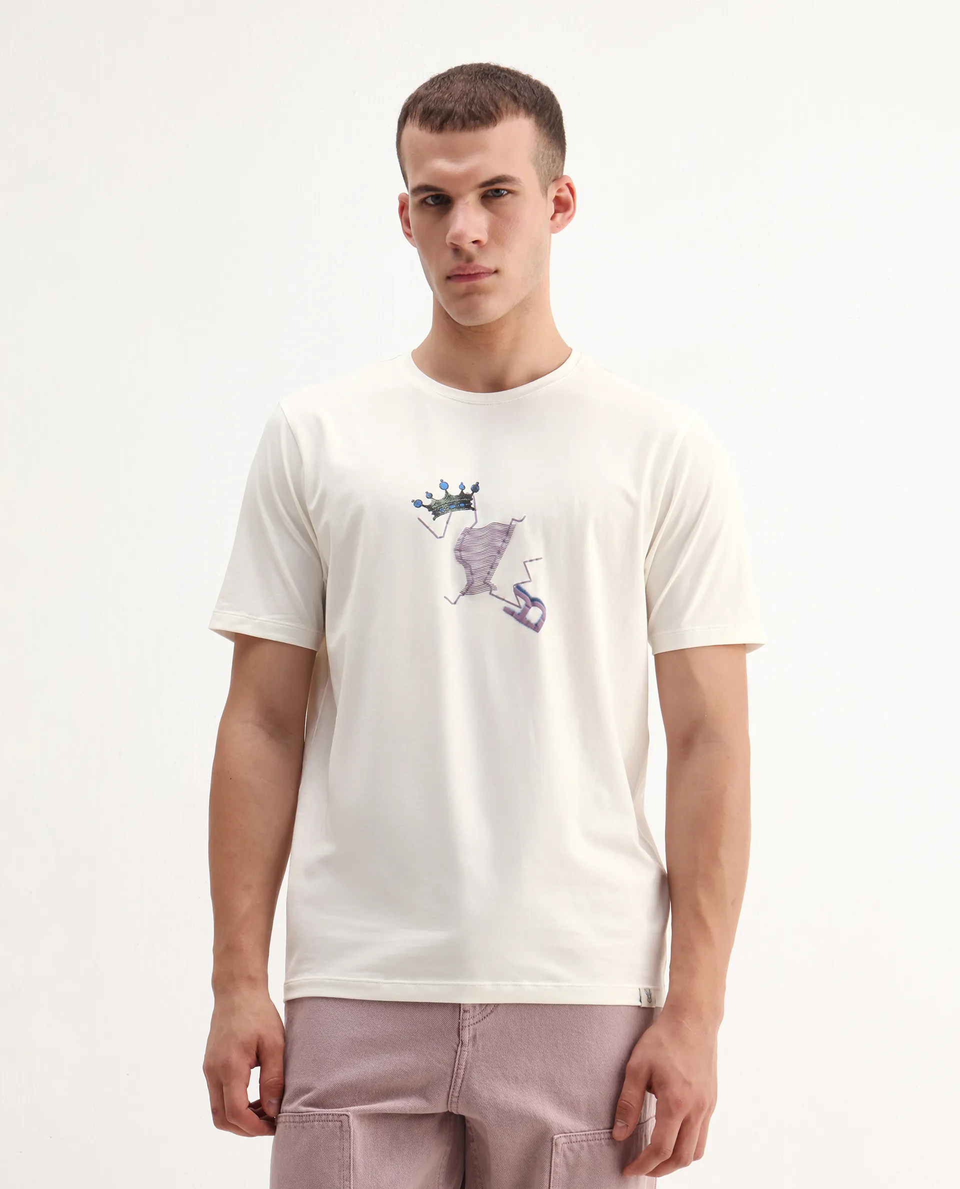 Rare Rabbit Men's Shone Off White Cotton Blend Graphic Print Regular Fit Half Sleeve Crew Neck T-Shirt - Image 5