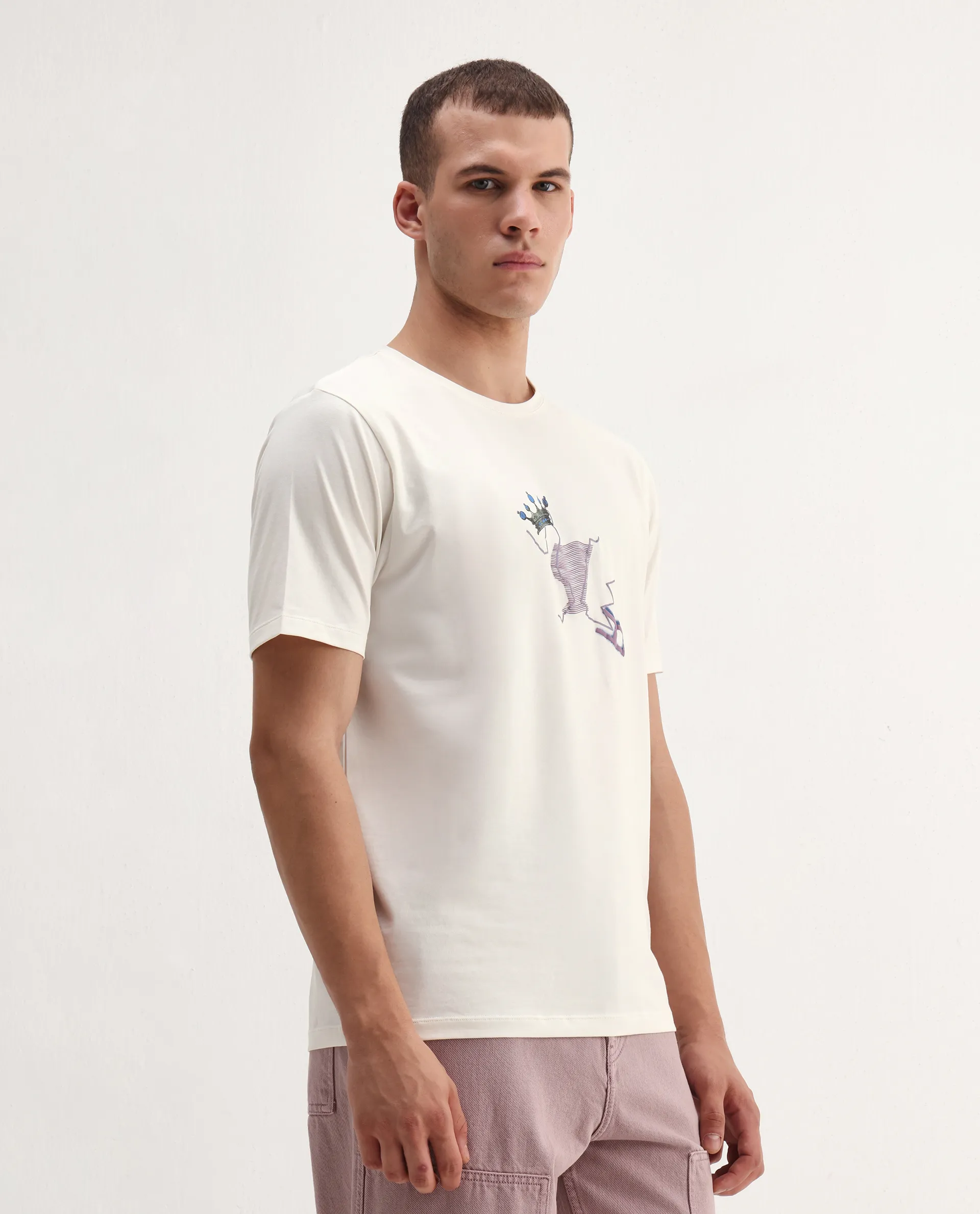 Rare Rabbit Men's Shone Off White Cotton Blend Graphic Print Regular Fit Half Sleeve Crew Neck T-Shirt - Image 6