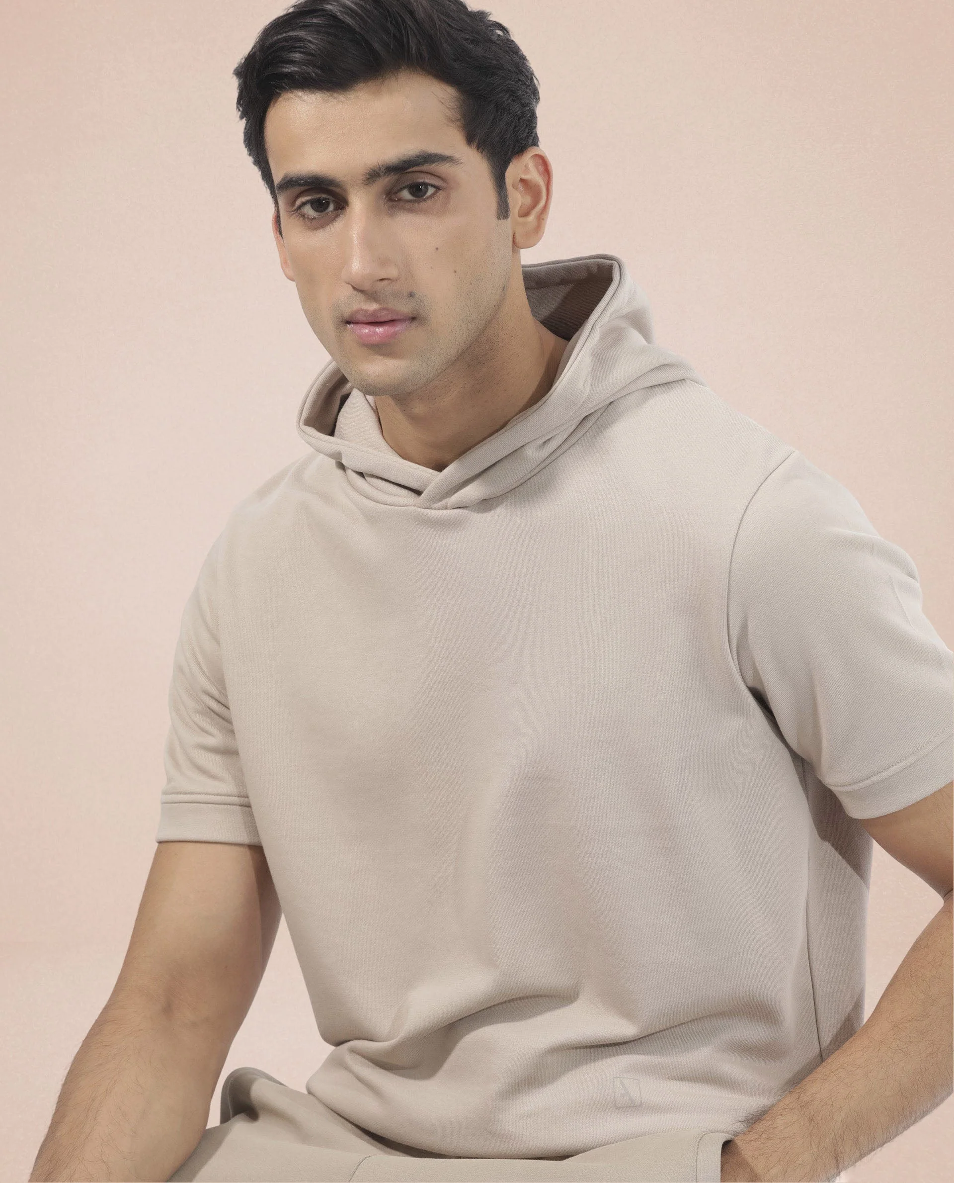 Rare Rabbit Mens Shood Beige Sweatshirt Short Sleeve Hooded Solid - Image 2