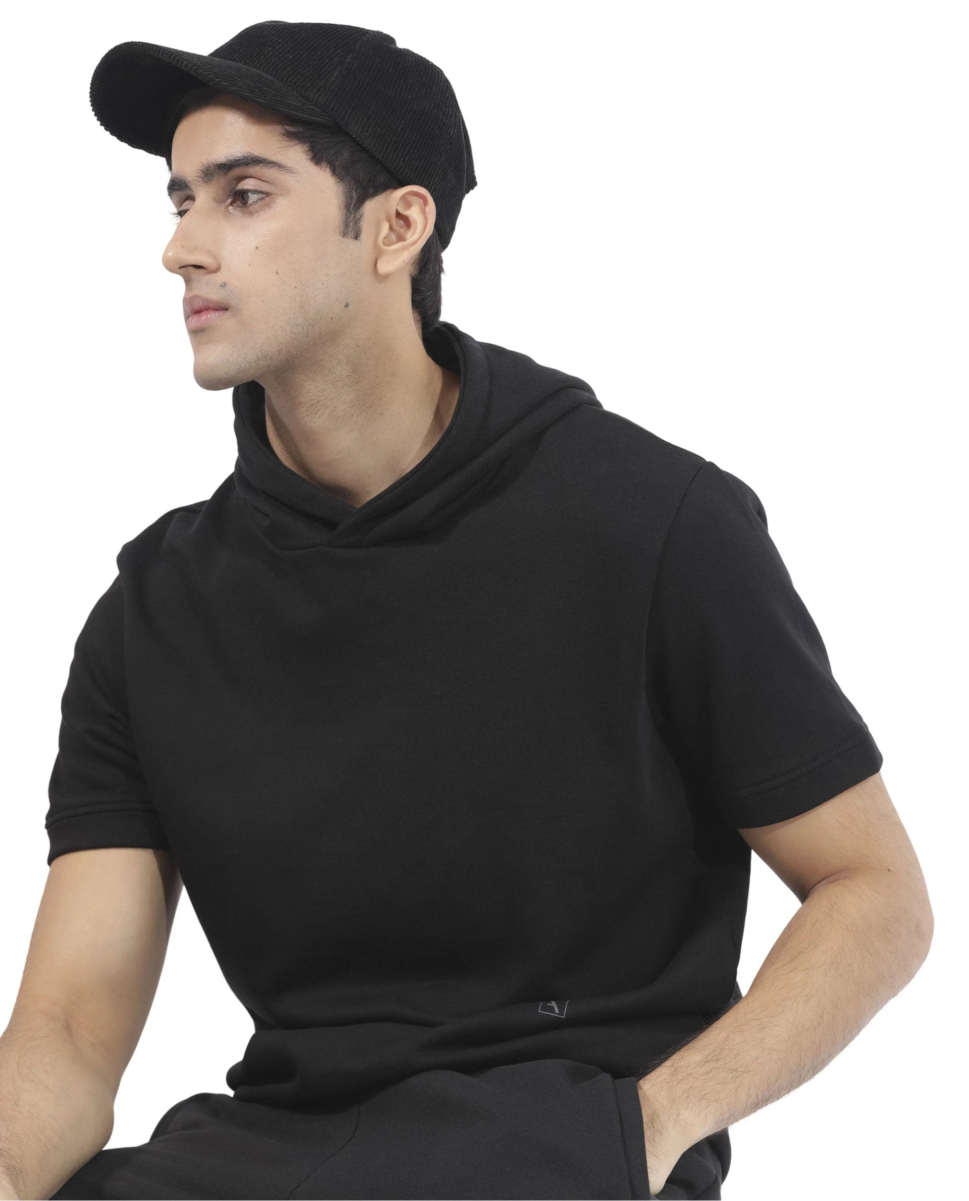 Rare Rabbit Mens Shood Black Sweatshirt Short Sleeve Hooded Solid - Image 8