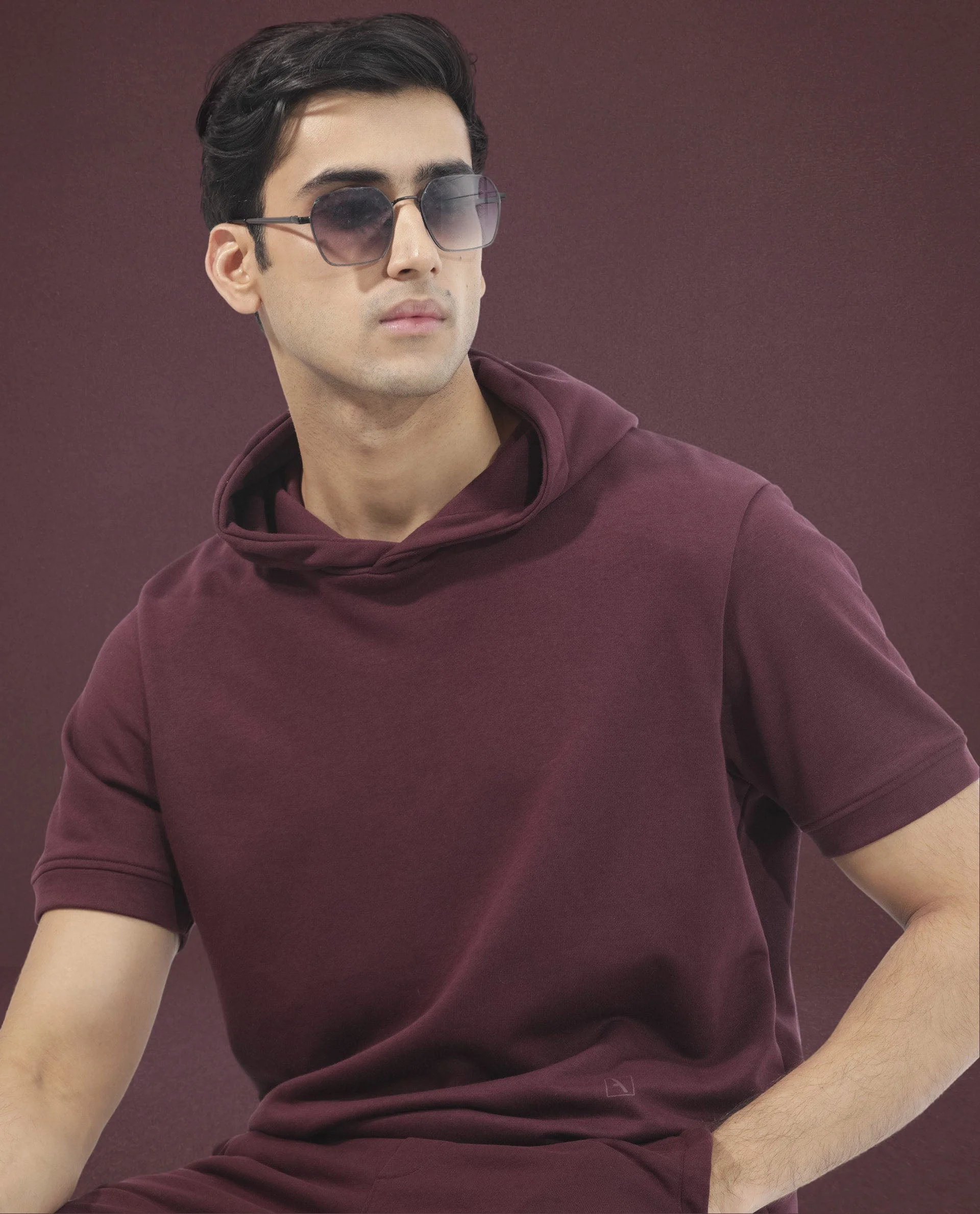 Rare Rabbit Mens Shood Maroon Sweatshirt Short Sleeve Hooded Solid