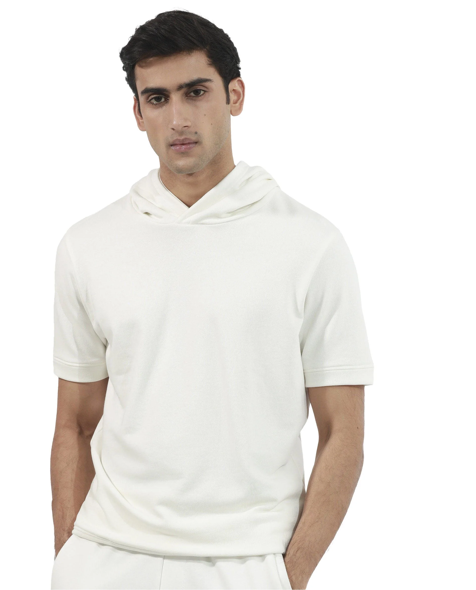 Rare Rabbit Mens Shood Off White Sweatshirt Short Sleeve Hooded Solid - Image 2
