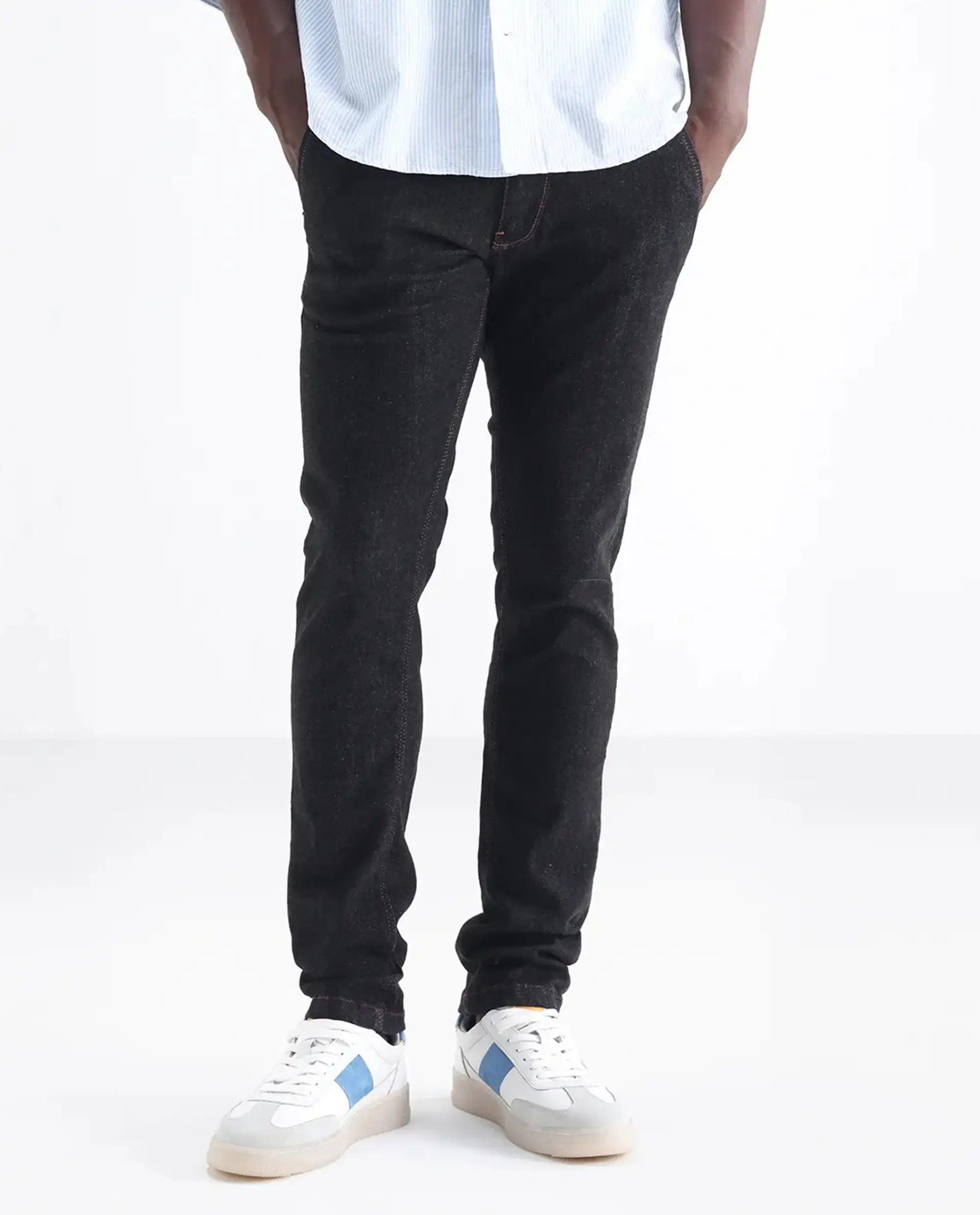 Rare Rabbit Men's Shooter Black Cotton Plain Hawk Slim Fit Jeans - Image 10