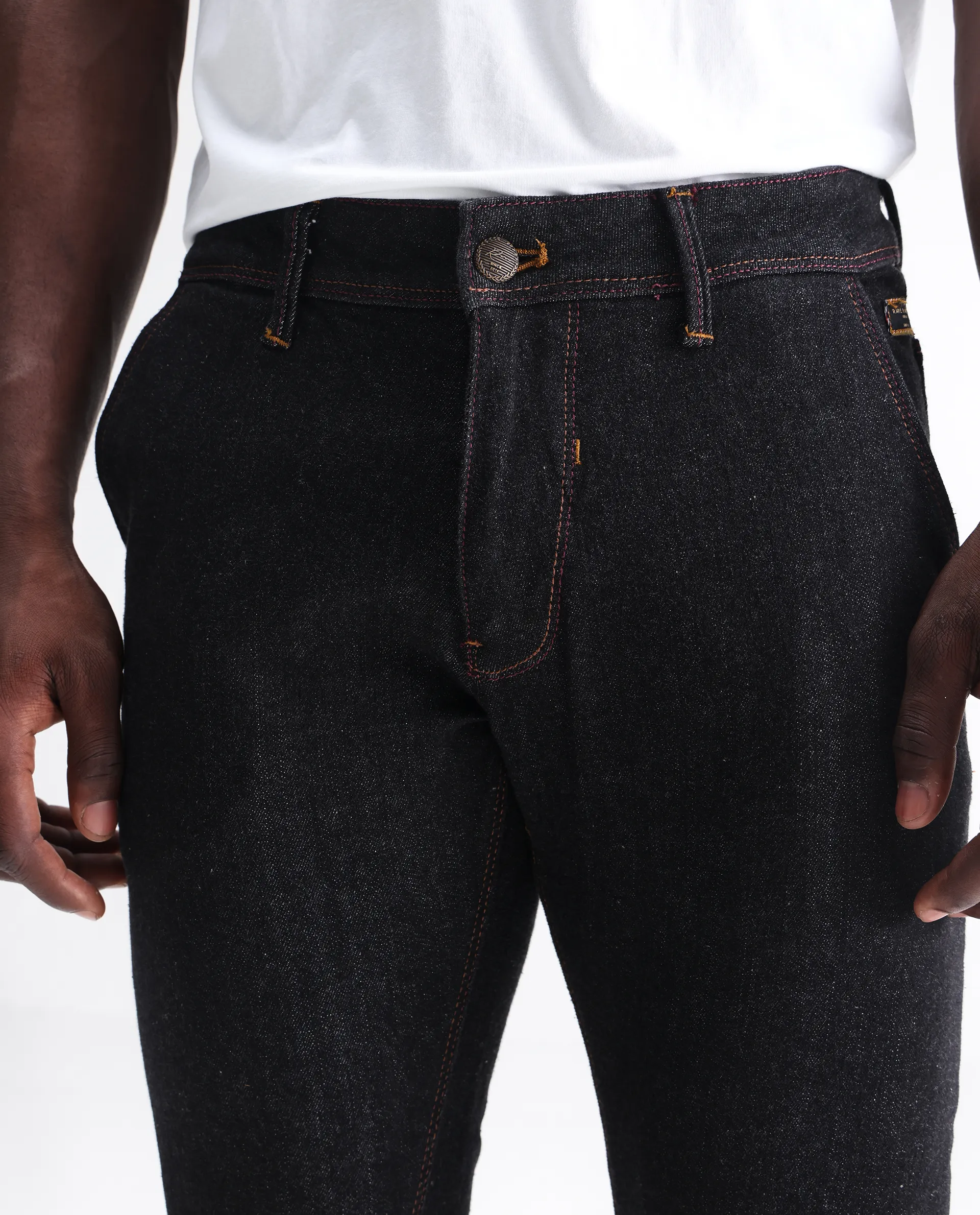 Rare Rabbit Men's Shooter Black Cotton Plain Hawk Slim Fit Jeans - Image 4