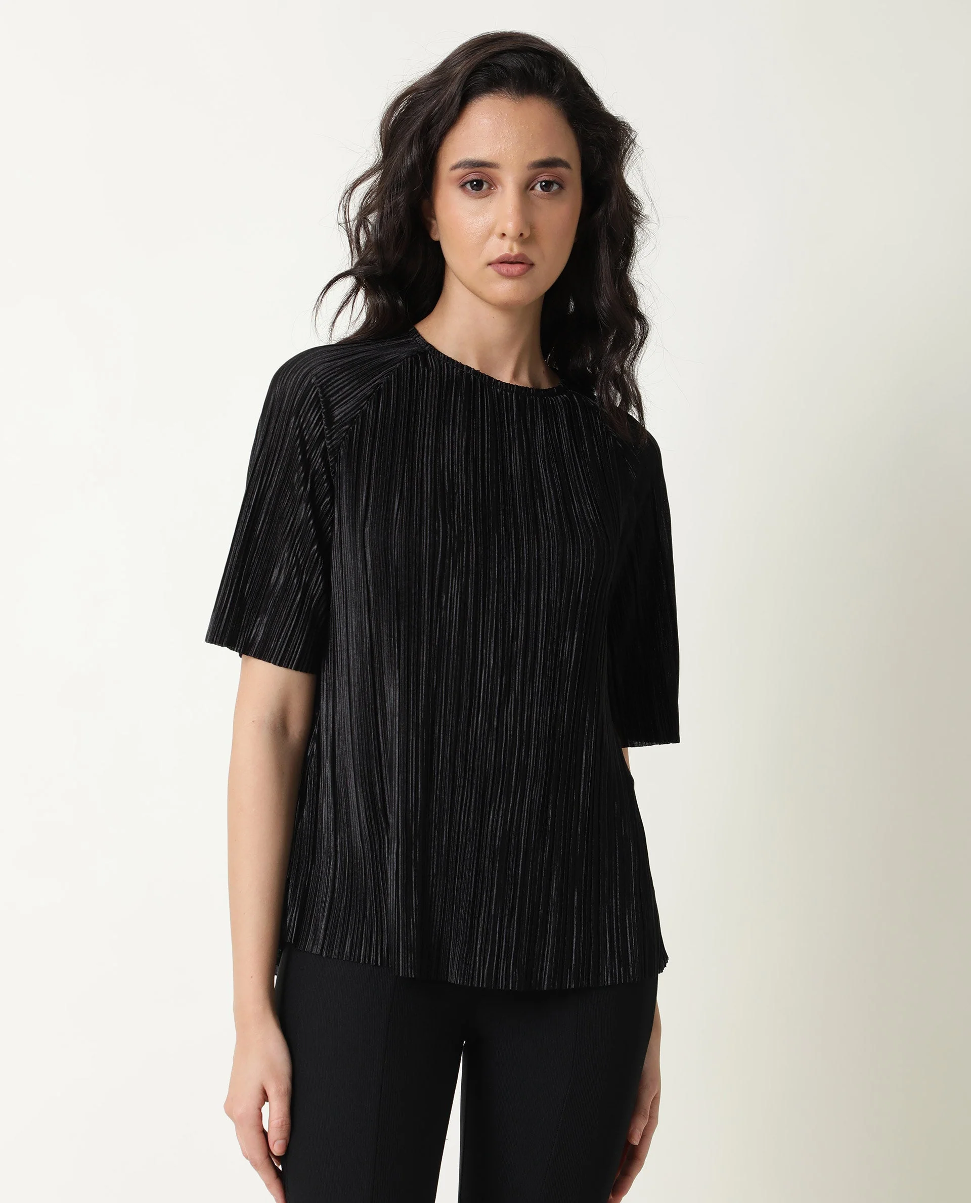 Rareism Women Shory Black Top Polyester Fabric Full Sleeves Solid