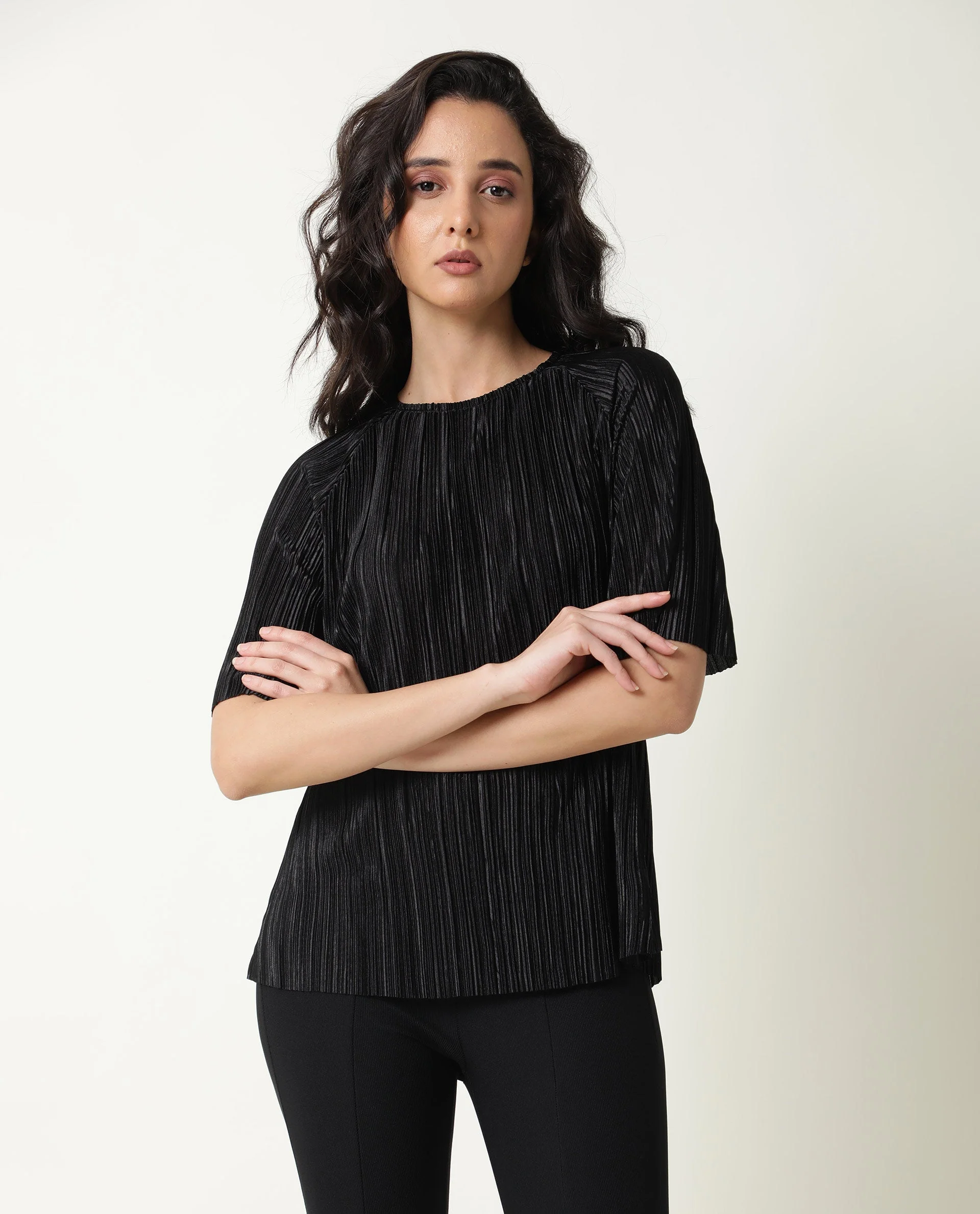 Rareism Women Shory Black Top Polyester Fabric Full Sleeves Solid - Image 10