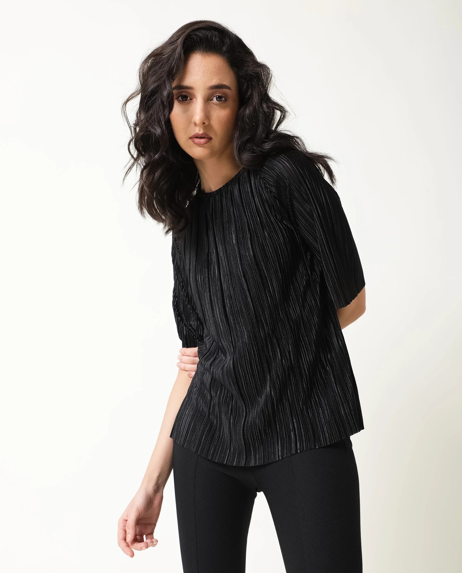 Rareism Women Shory Black Top Polyester Fabric Full Sleeves Solid - Image 13