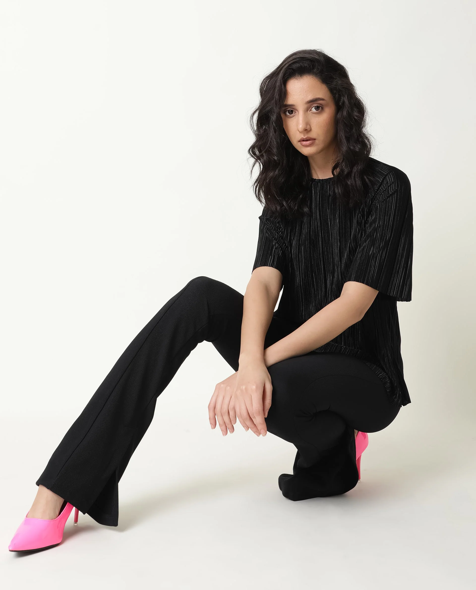 Rareism Women Shory Black Top Polyester Fabric Full Sleeves Solid - Image 2