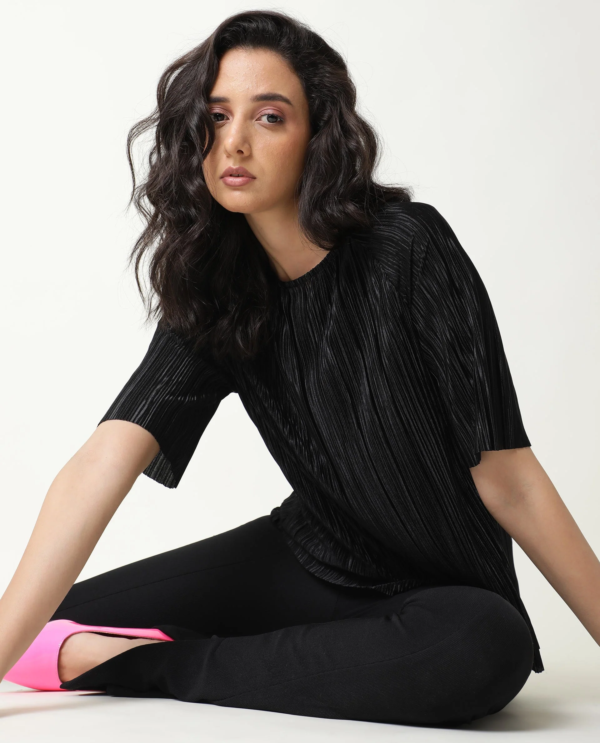 Rareism Women Shory Black Top Polyester Fabric Full Sleeves Solid - Image 3