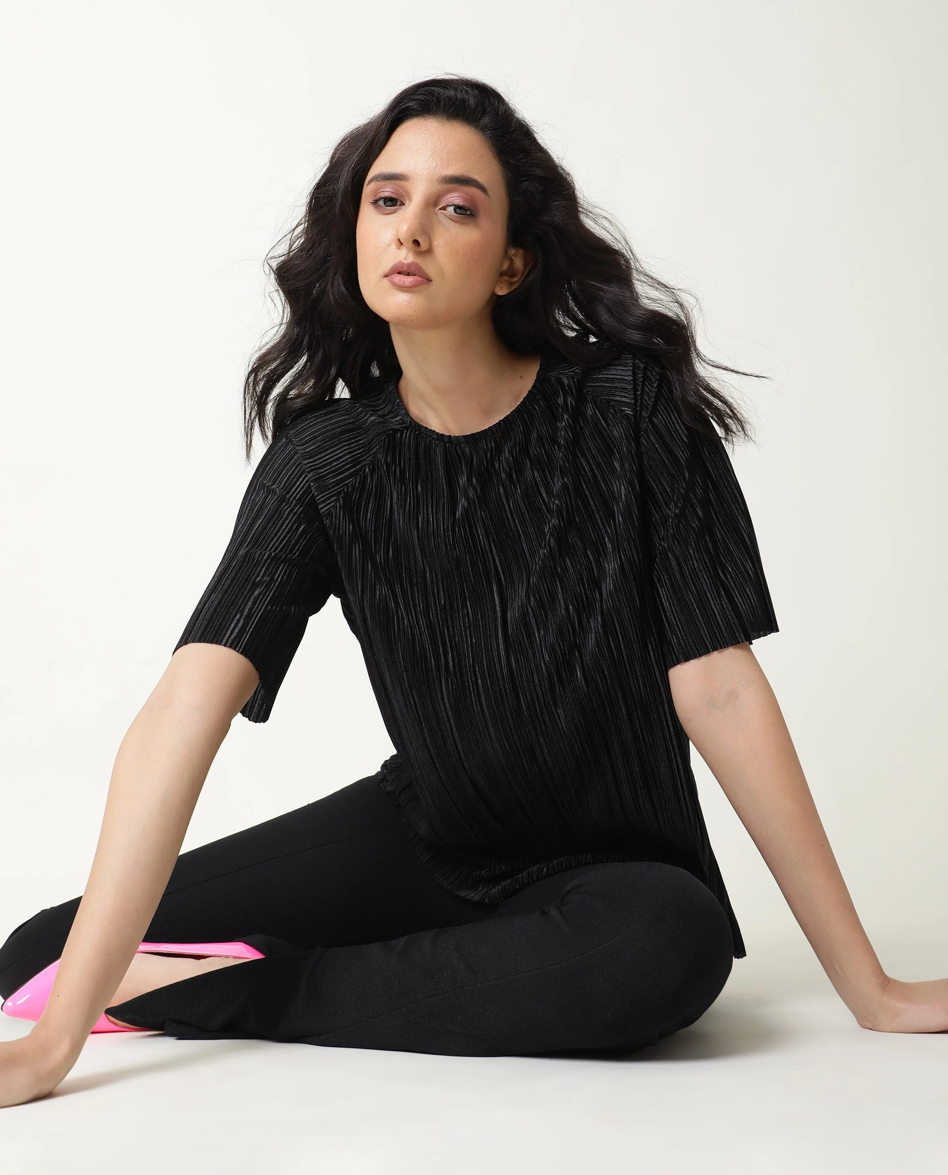 Rareism Women Shory Black Top Polyester Fabric Full Sleeves Solid - Image 4