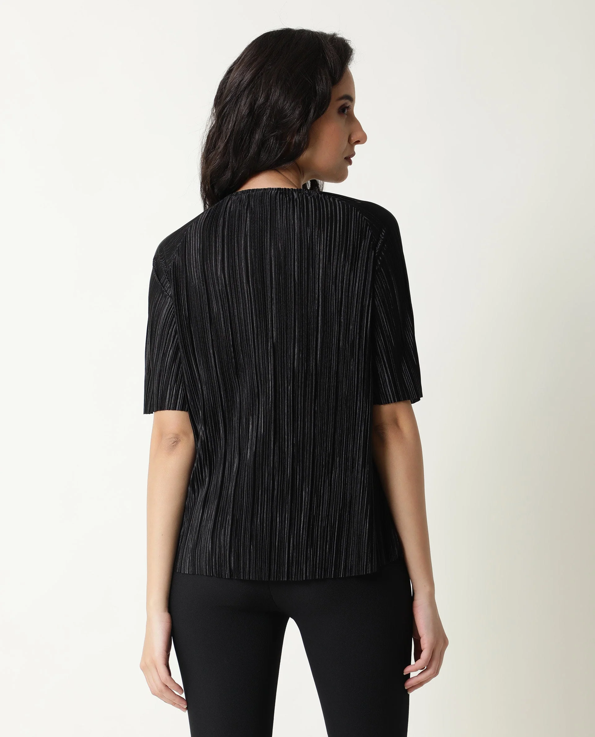 Rareism Women Shory Black Top Polyester Fabric Full Sleeves Solid - Image 5