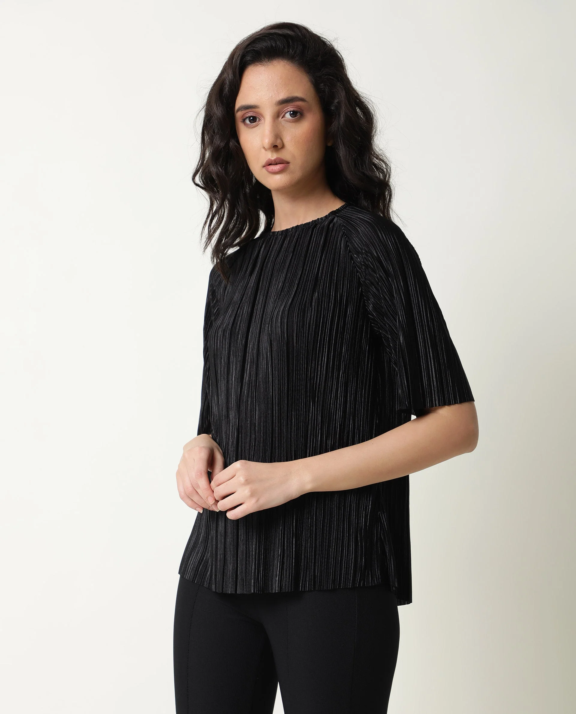 Rareism Women Shory Black Top Polyester Fabric Full Sleeves Solid - Image 7