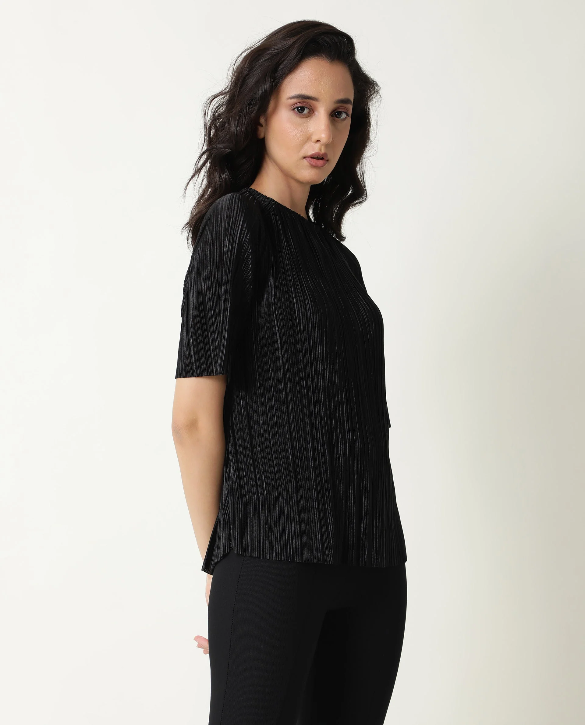 Rareism Women Shory Black Top Polyester Fabric Full Sleeves Solid - Image 8