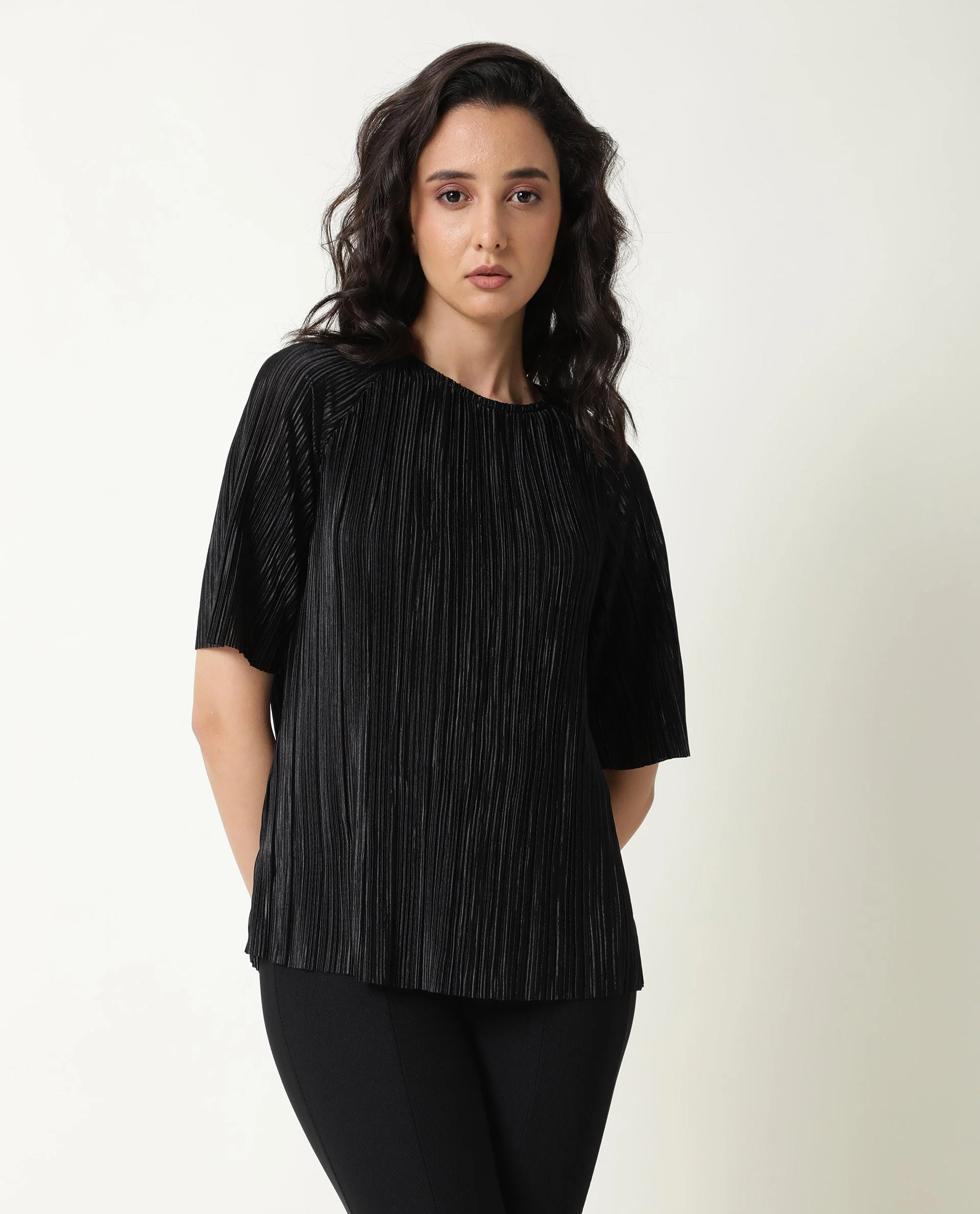Rareism Women Shory Black Top Polyester Fabric Full Sleeves Solid - Image 9