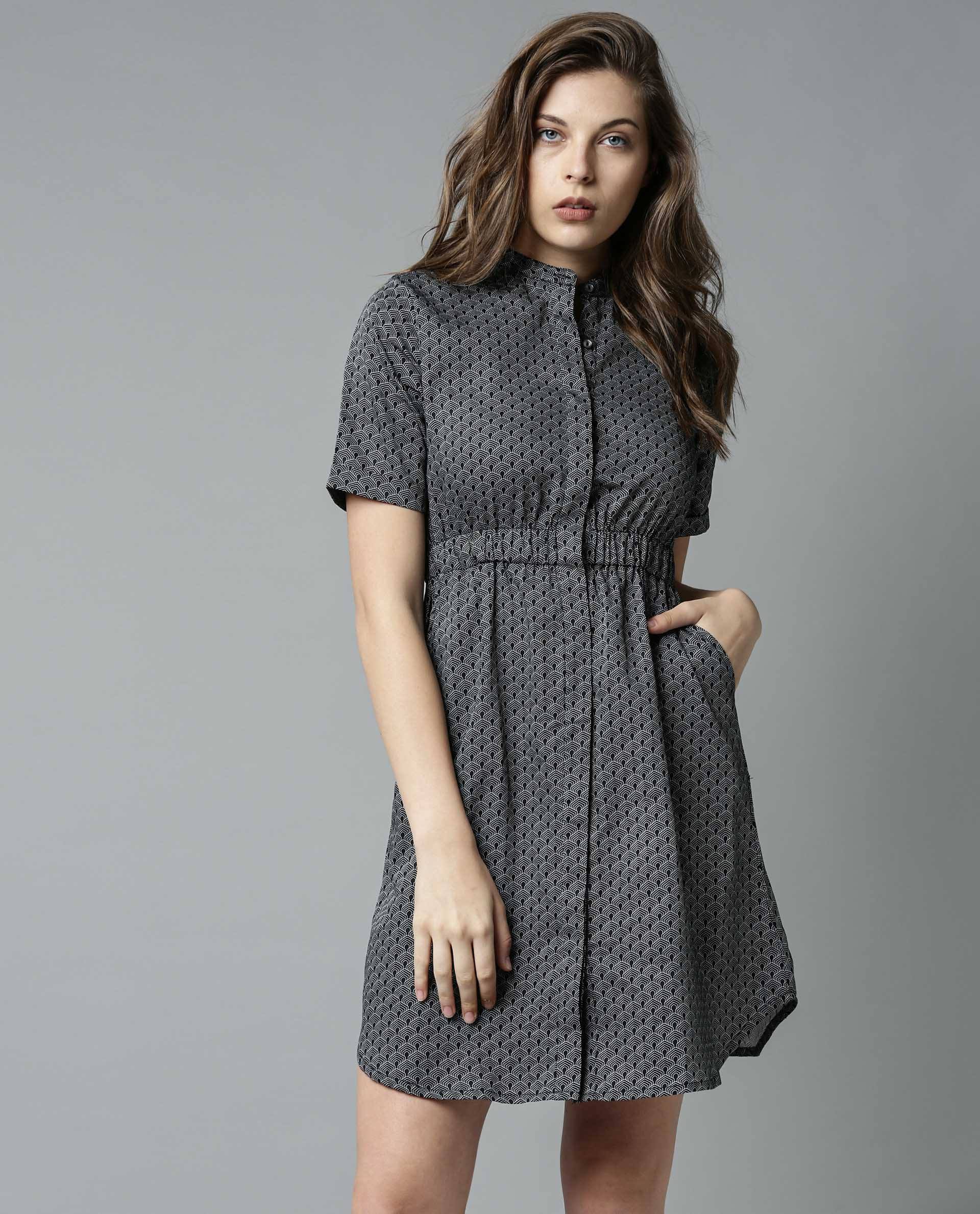 Rareism Women Shove Black Dress Full Sleeves Printed - Image 3
