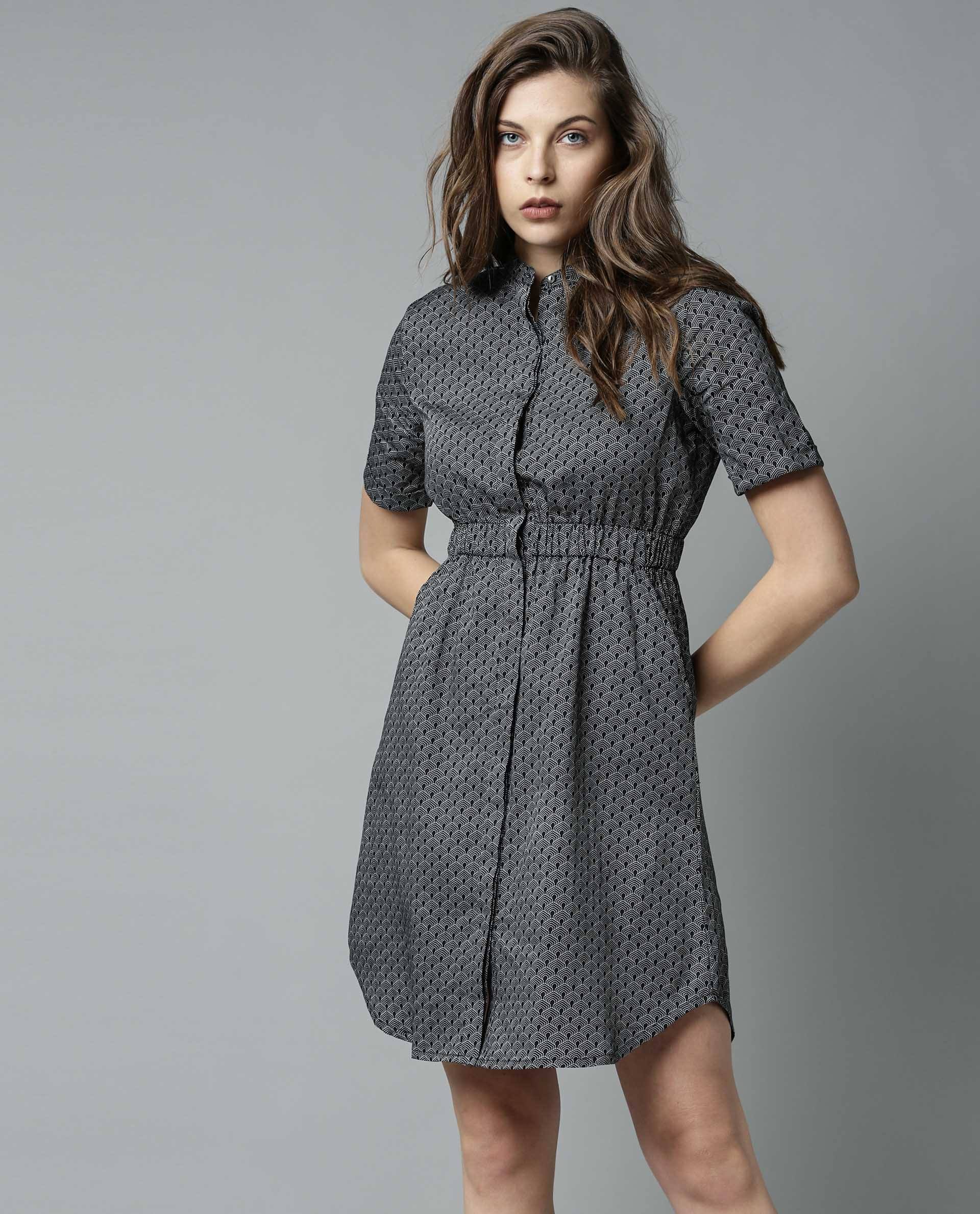 Rareism Women Shove Black Dress Full Sleeves Printed - Image 5