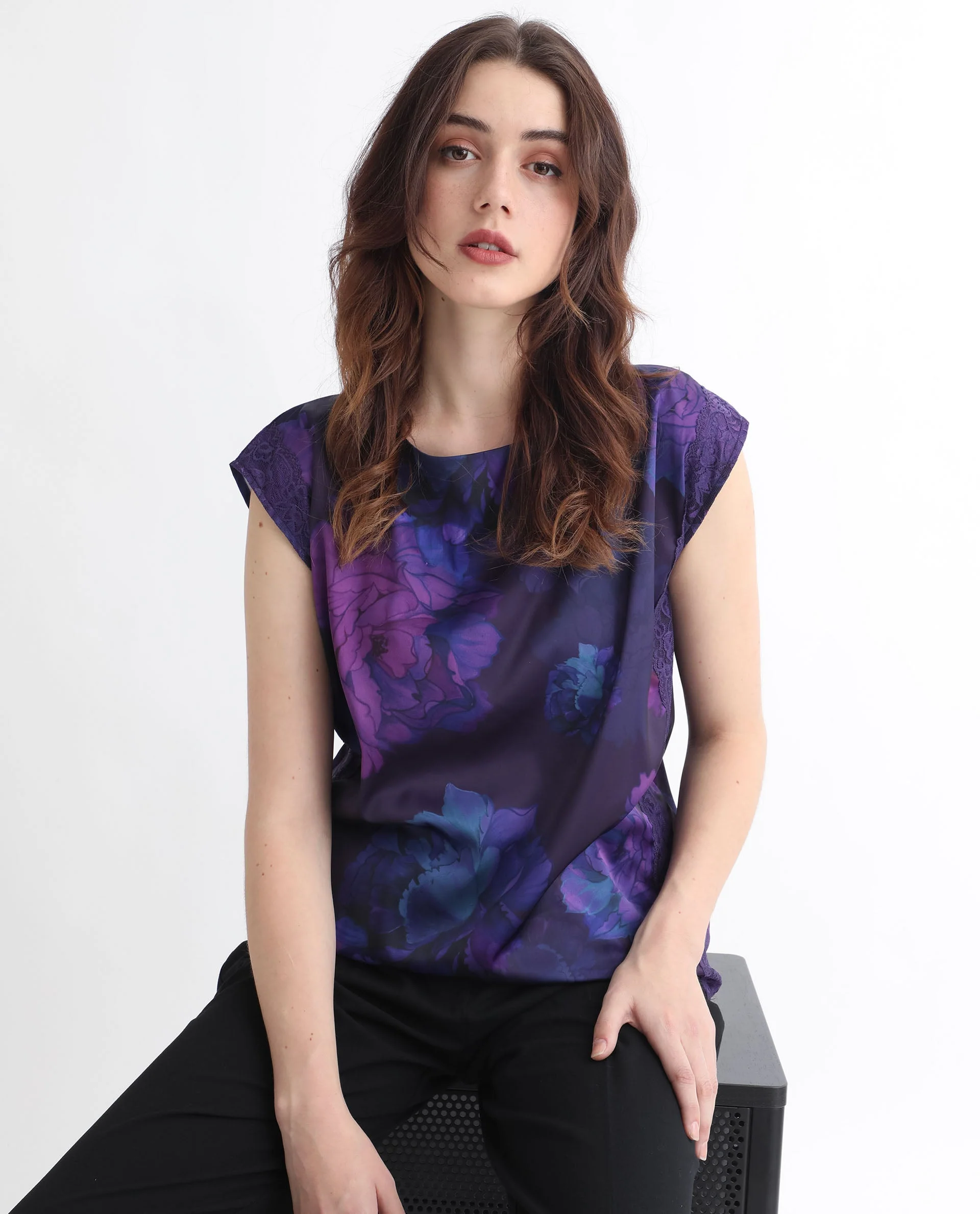 Rareism Women's Showpo Purple Polyester Boat Neck Floral Print Extended Sleeves Regular Fit Top