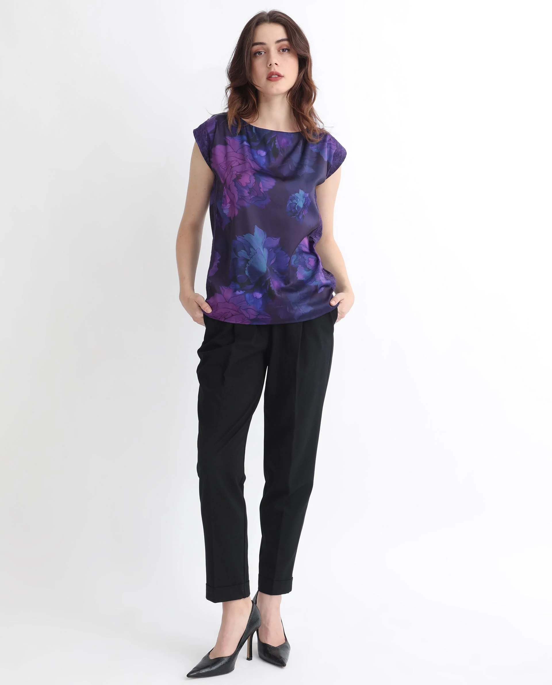 Rareism Women's Showpo Purple Polyester Boat Neck Floral Print Extended Sleeves Regular Fit Top - Image 2