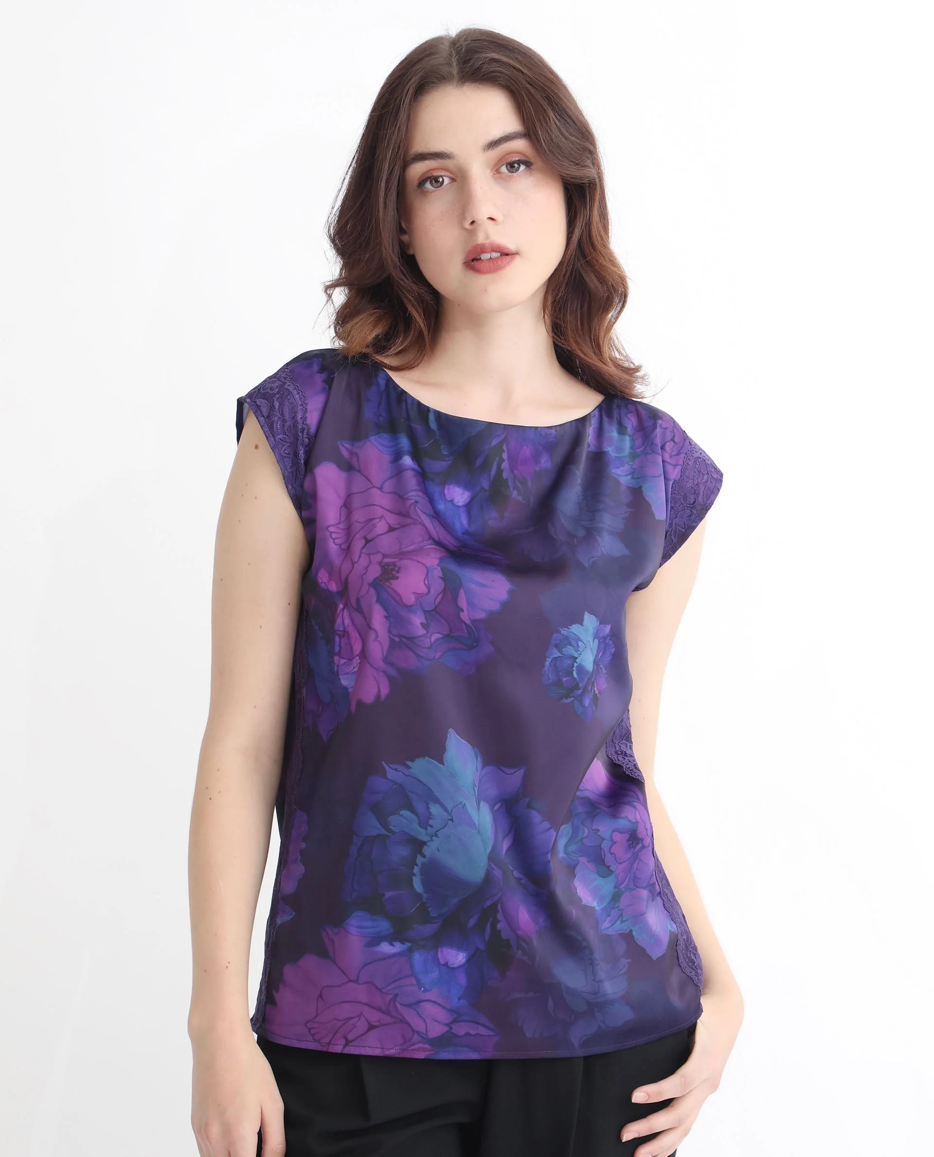 Rareism Women's Showpo Purple Polyester Boat Neck Floral Print Extended Sleeves Regular Fit Top - Image 3