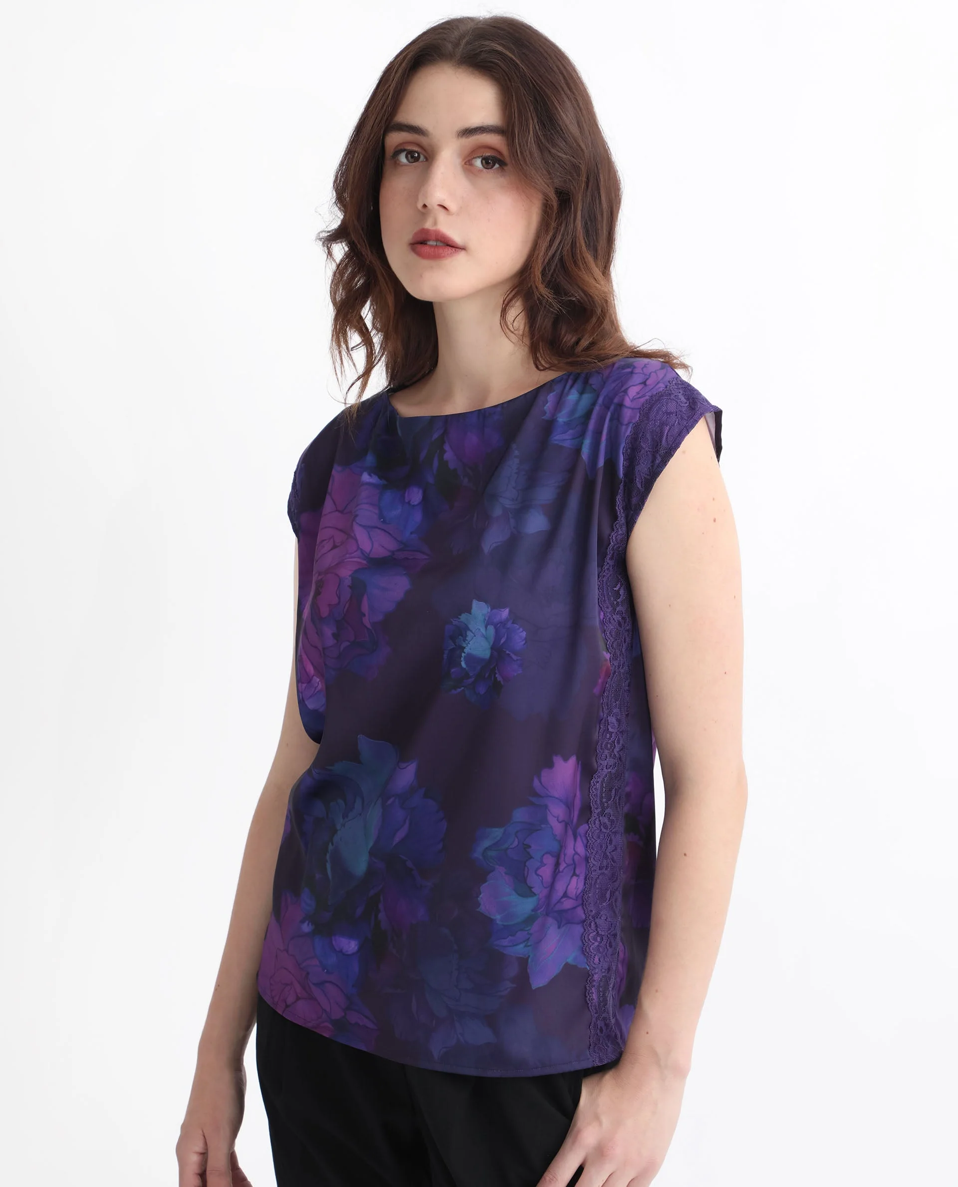Rareism Women's Showpo Purple Polyester Boat Neck Floral Print Extended Sleeves Regular Fit Top - Image 6
