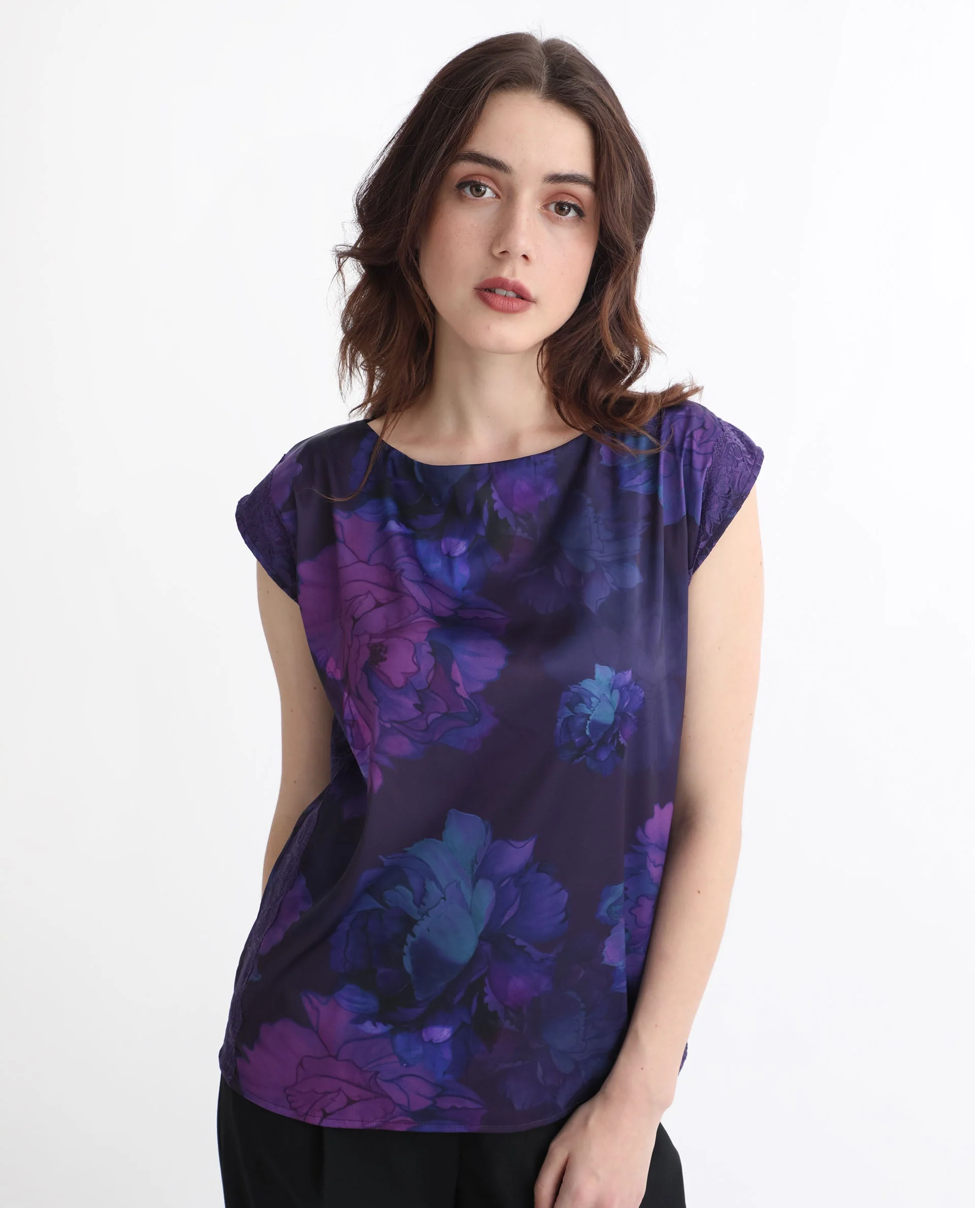 Rareism Women's Showpo Purple Polyester Boat Neck Floral Print Extended Sleeves Regular Fit Top - Image 7