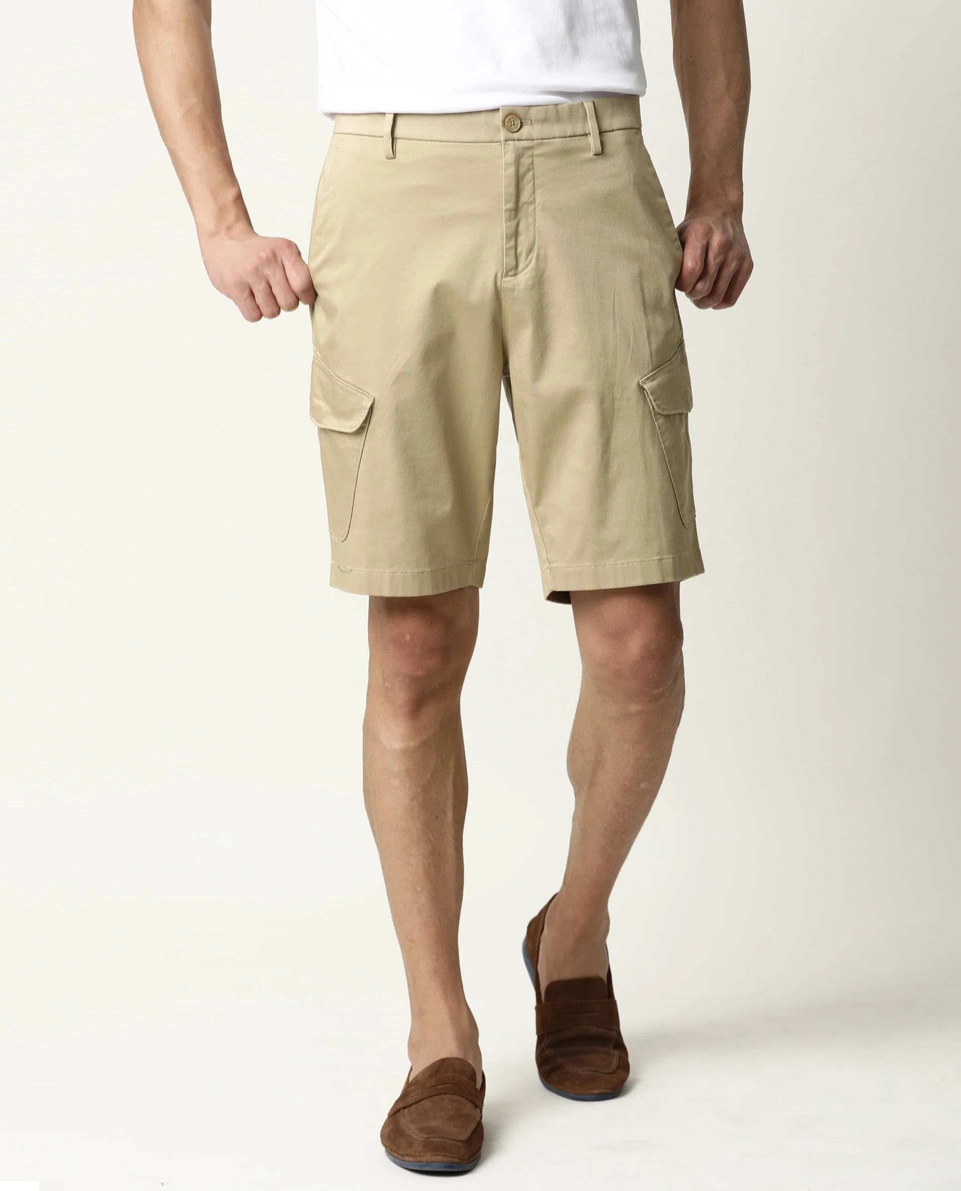 Rare Rabbit Men's Shows Beige Polyester Plain Regular Fit Shorts