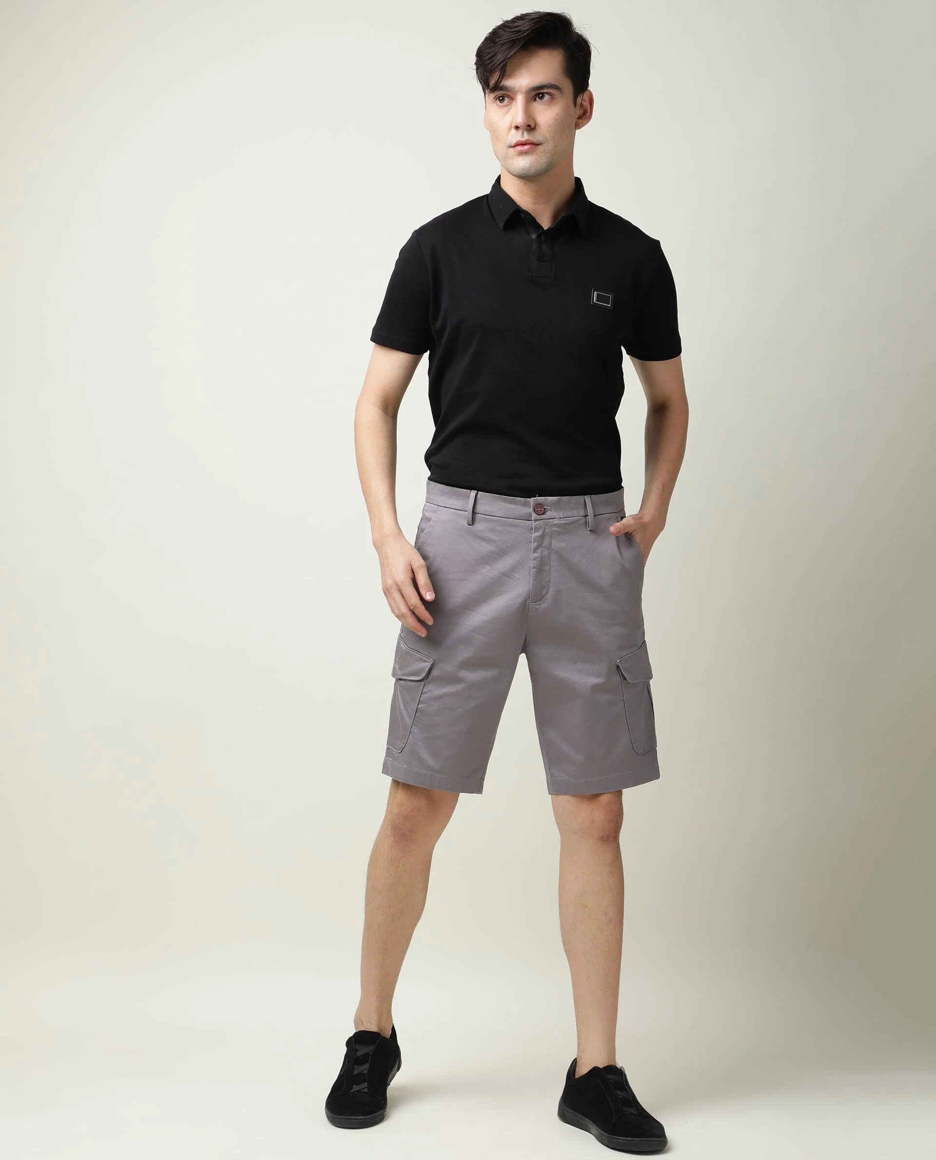 Rare Rabbit Men's Shows Grey Polyester Plain Regular Fit Shorts - Image 3
