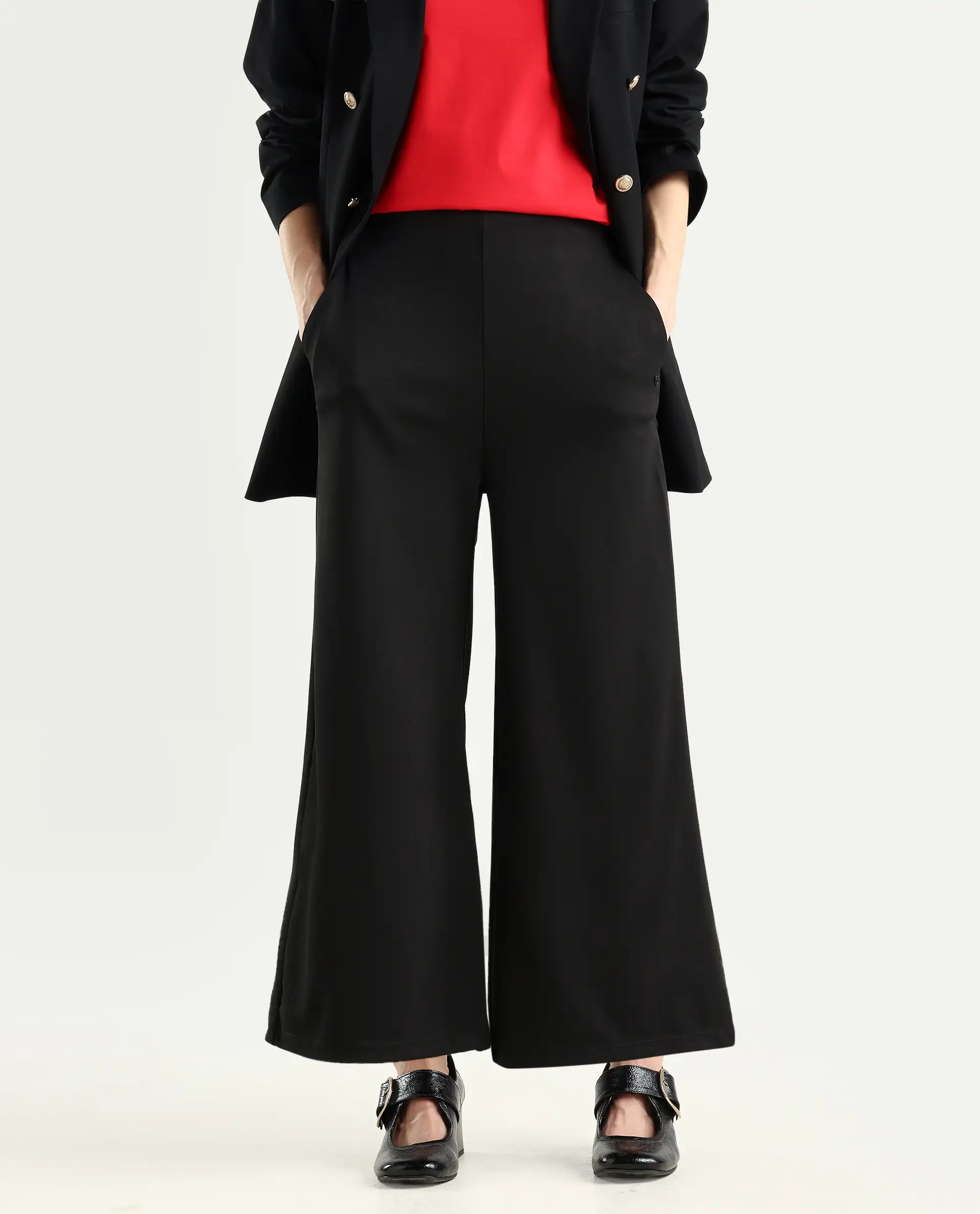 Rareism Women's Shoyo Black Polyester Plain Midi Flared Trouser - Image 2