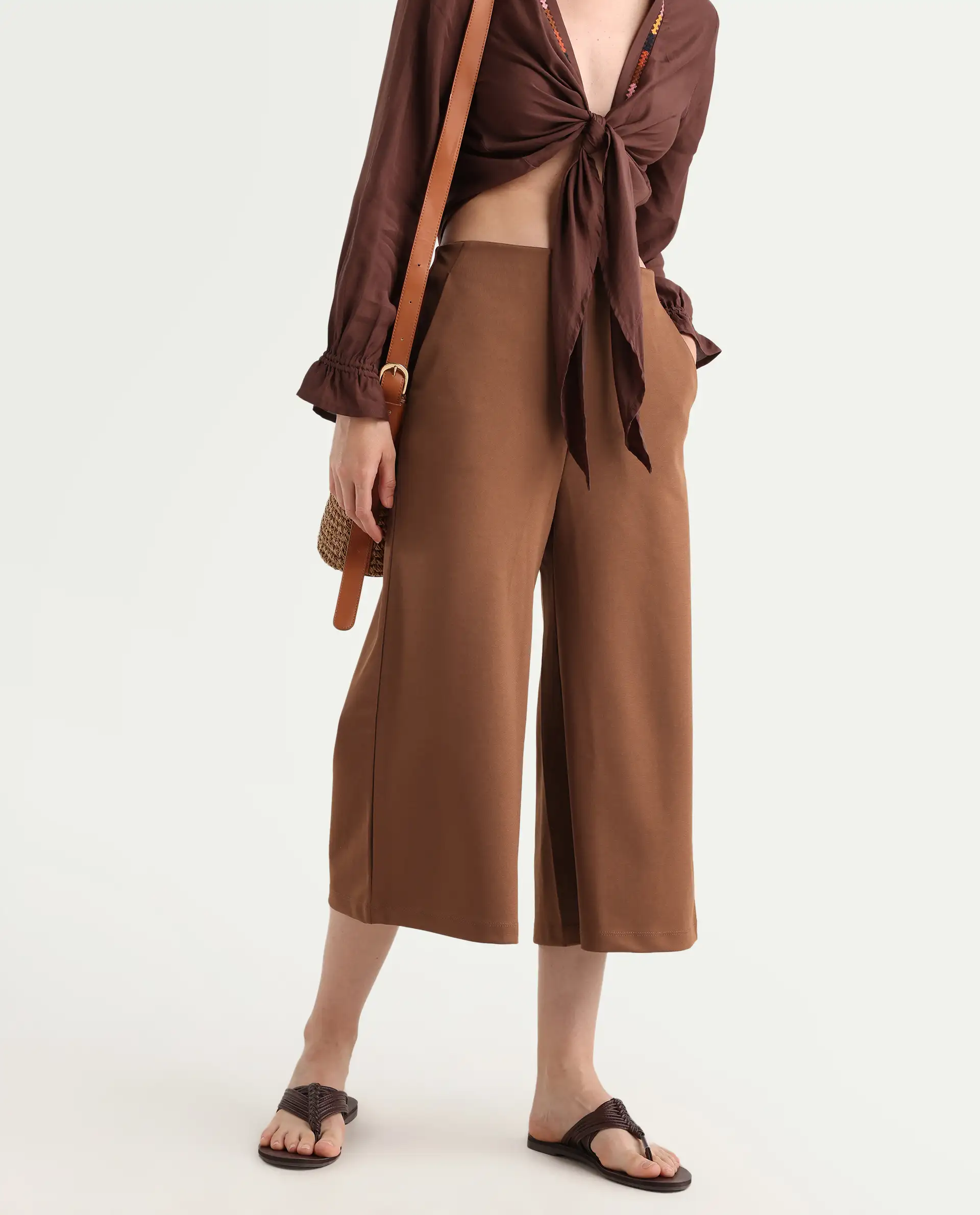 Rareism Women's Shoyo Dark Brown Polyester Plain Midi Flared Trouser - Image 2