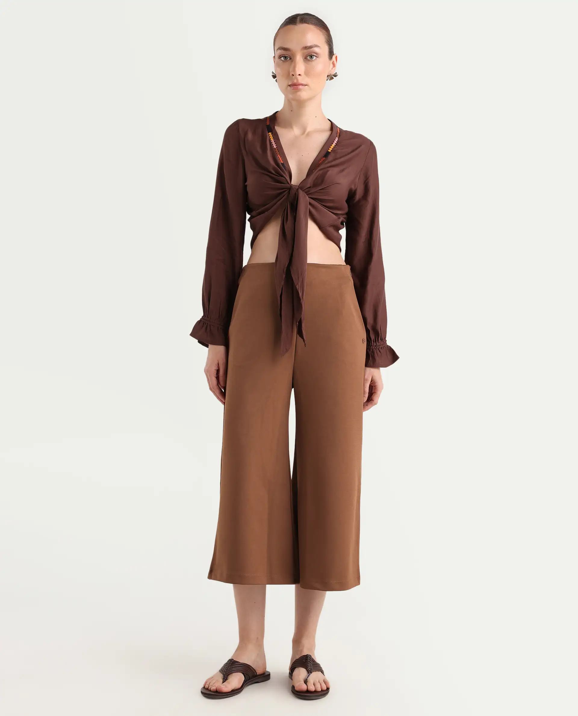 Rareism Women's Shoyo Dark Brown Polyester Plain Midi Flared Trouser - Image 3