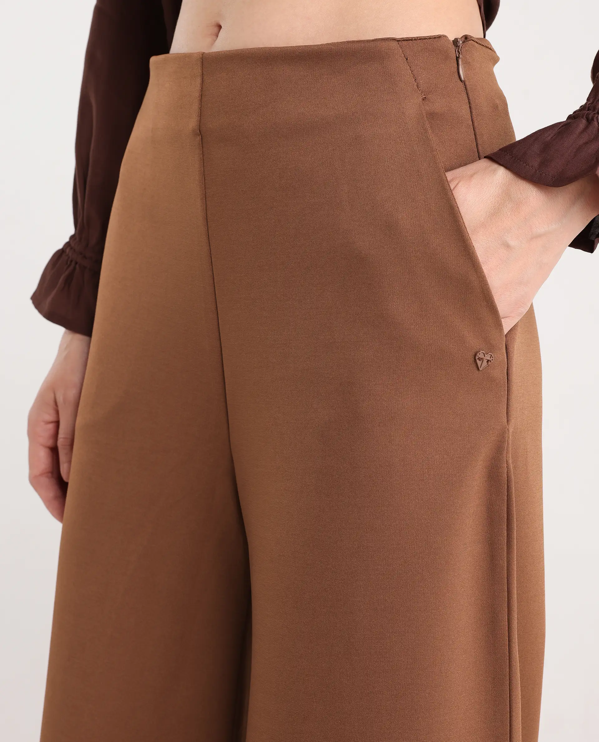 Rareism Women's Shoyo Dark Brown Polyester Plain Midi Flared Trouser - Image 4