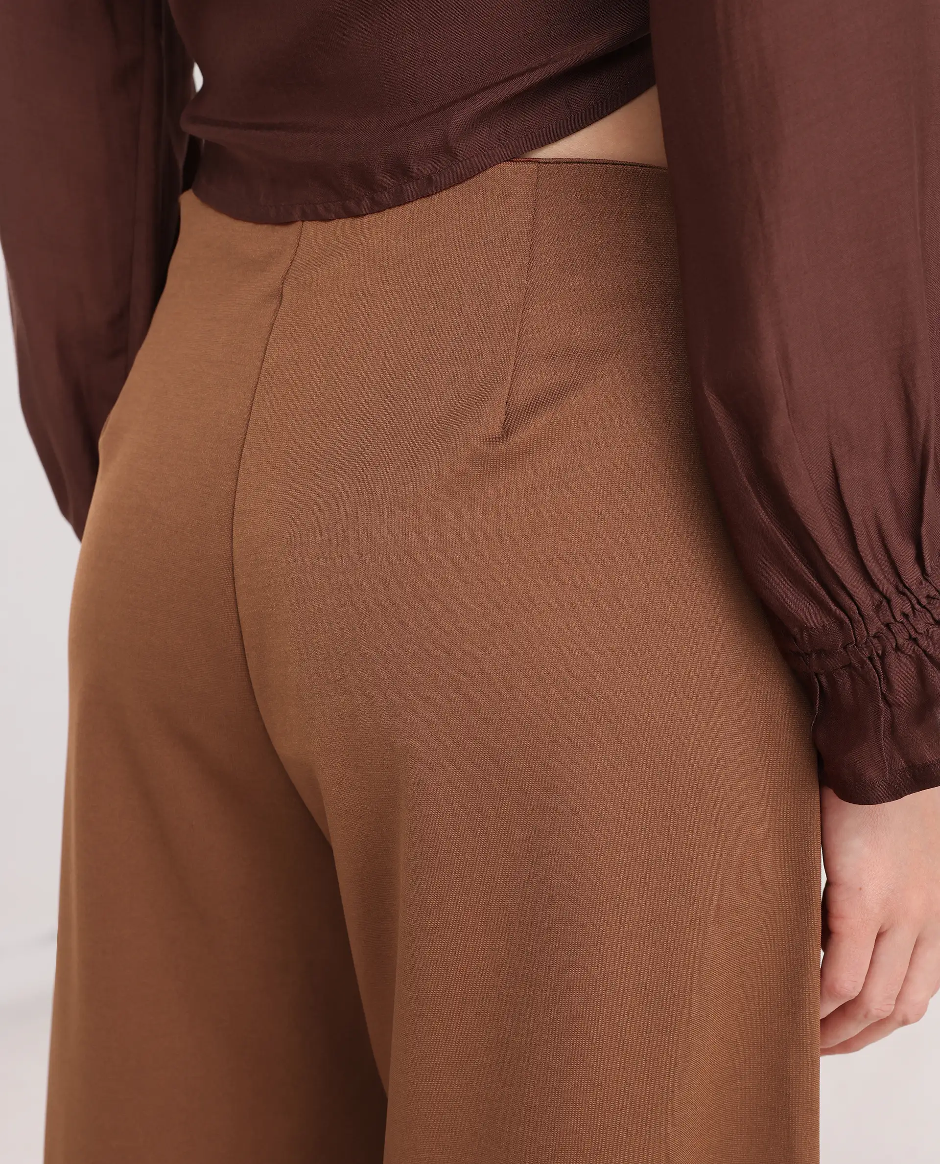 Rareism Women's Shoyo Dark Brown Polyester Plain Midi Flared Trouser - Image 5