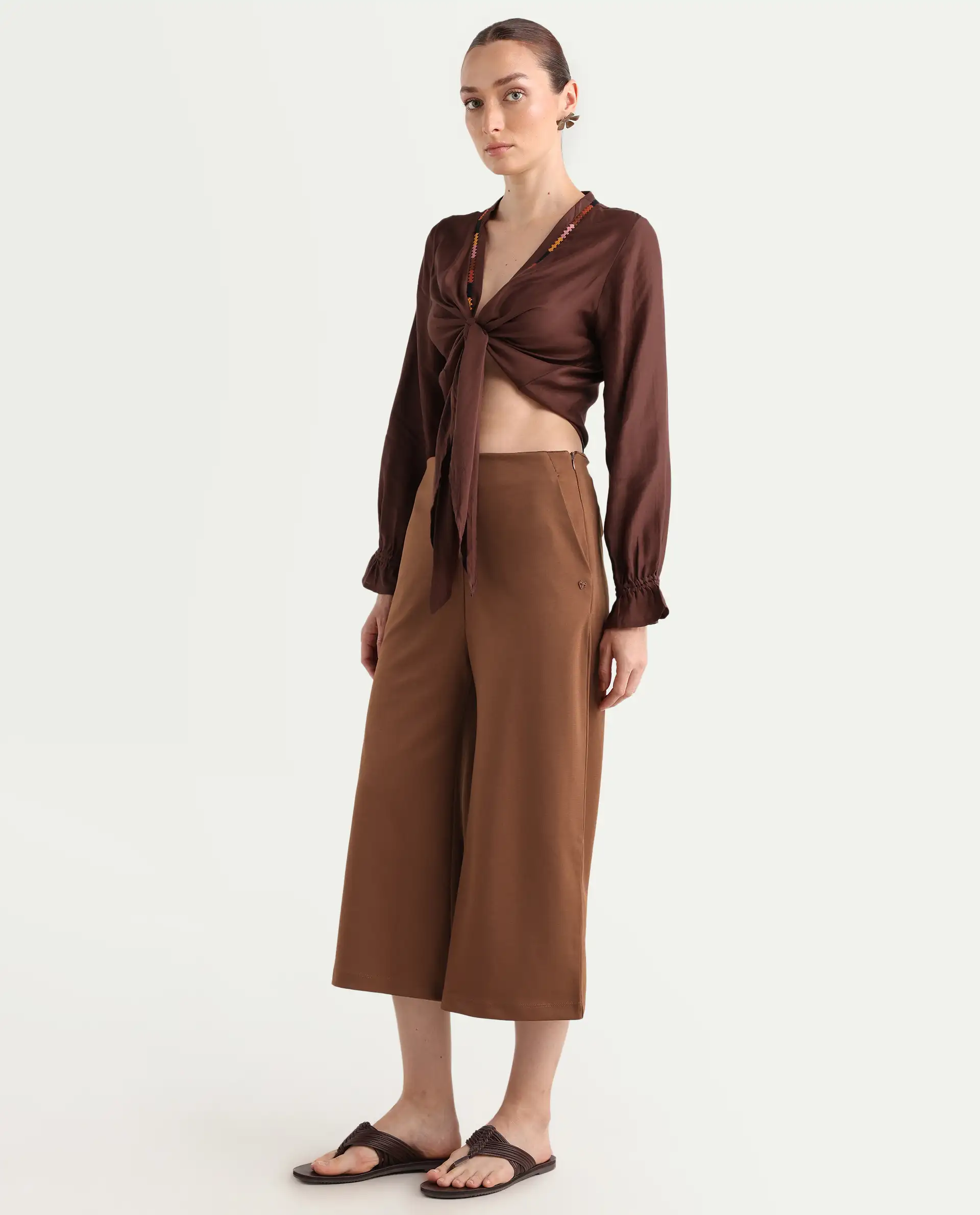 Rareism Women's Shoyo Dark Brown Polyester Plain Midi Flared Trouser - Image 6