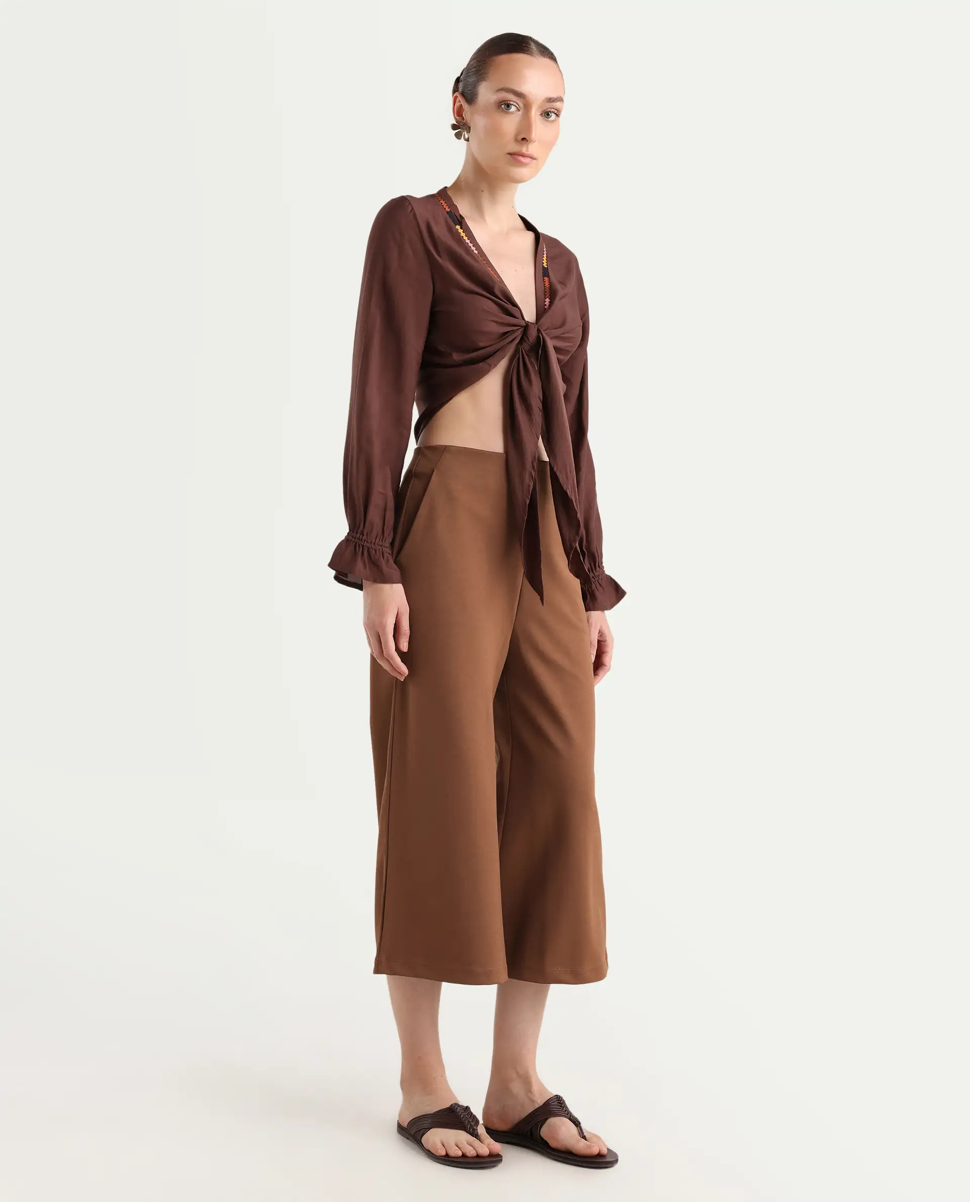 Rareism Women's Shoyo Dark Brown Polyester Plain Midi Flared Trouser - Image 7