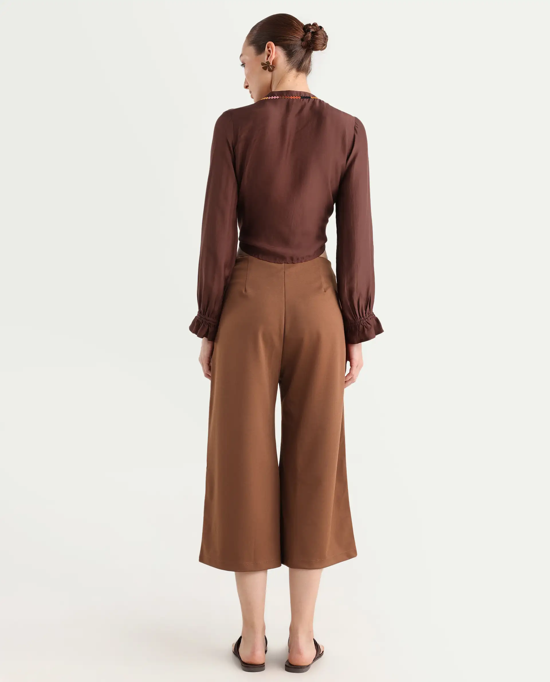 Rareism Women's Shoyo Dark Brown Polyester Plain Midi Flared Trouser - Image 8
