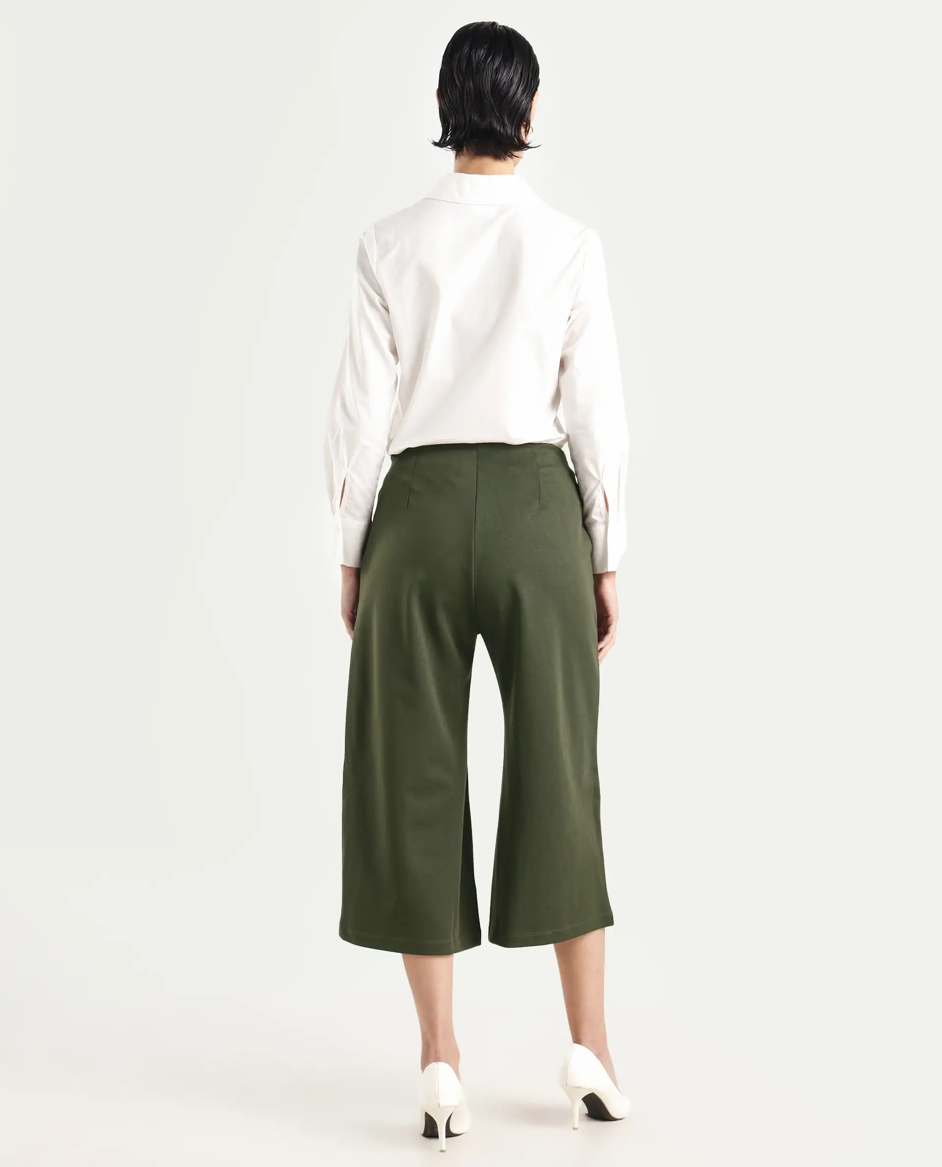 Rareism Women's Shoyo Dark Green Polyester Plain Midi Flared Trouser - Image 7