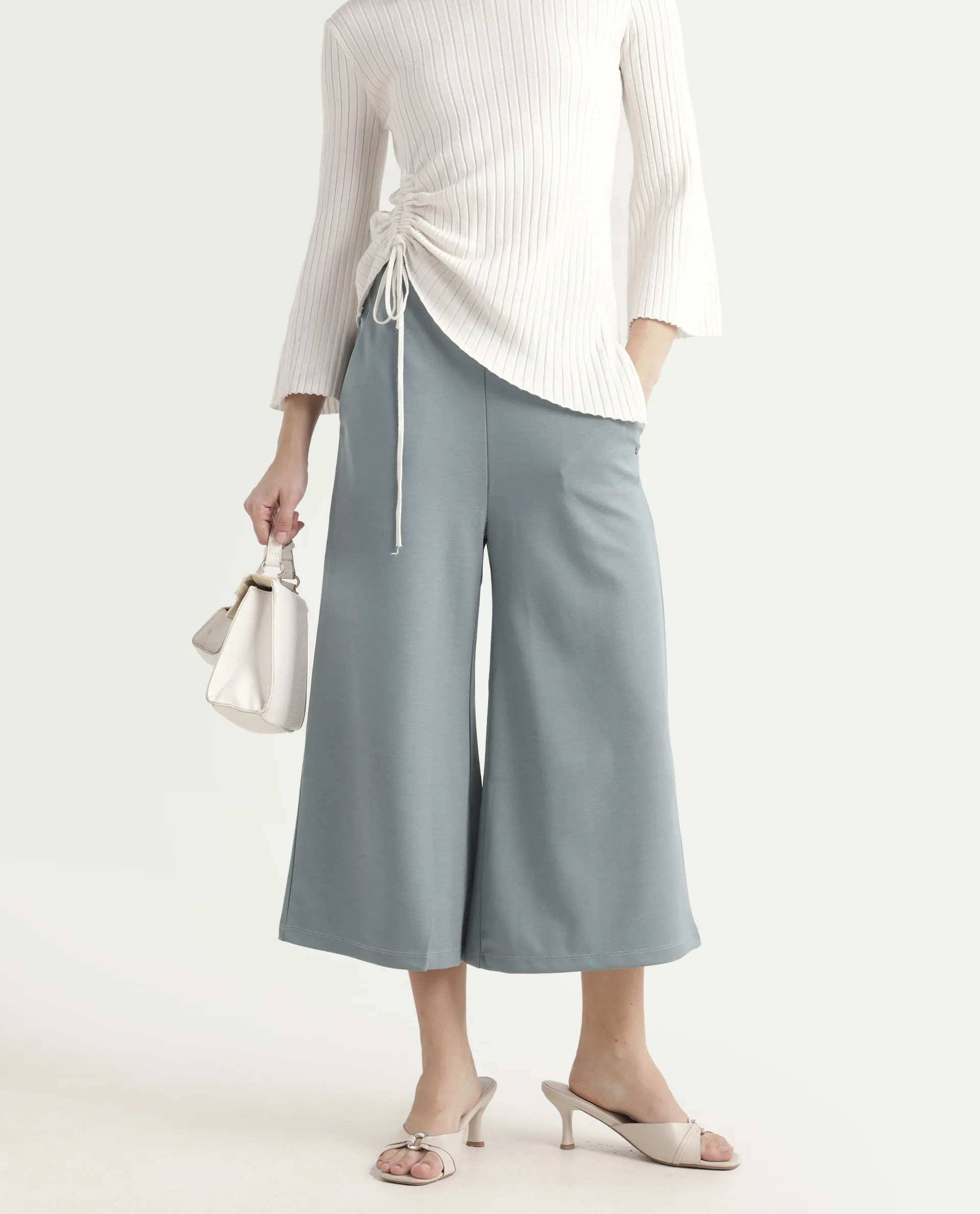 Rareism Women's Shoyo Light Green Polyester Plain Midi Flared Trouser - Image 3