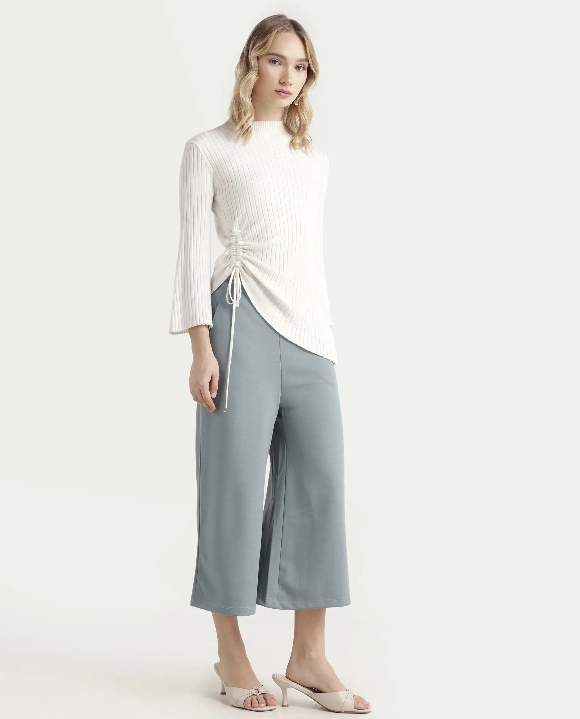 Rareism Women's Shoyo Light Green Polyester Plain Midi Flared Trouser - Image 5