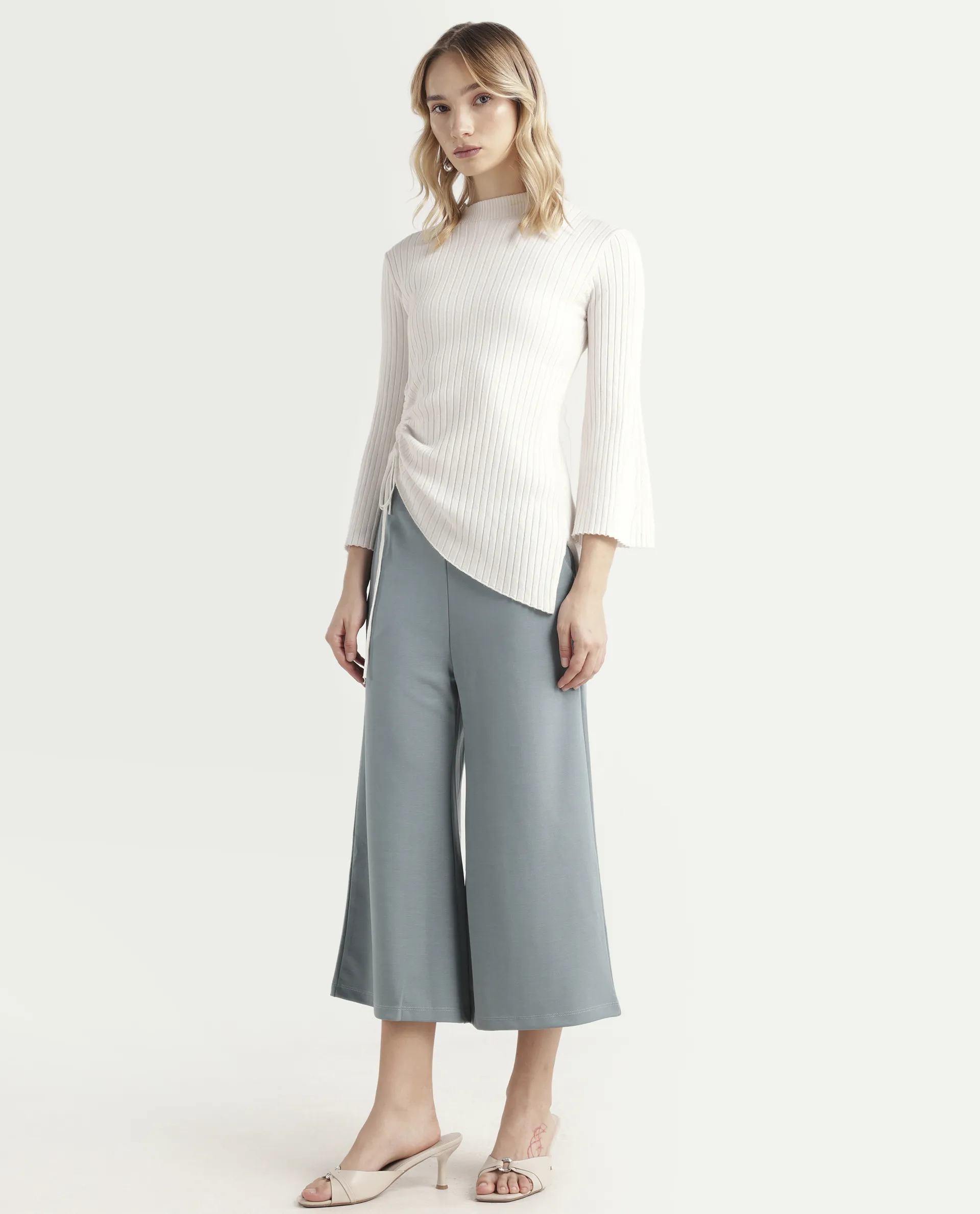 Rareism Women's Shoyo Light Green Polyester Plain Midi Flared Trouser - Image 6