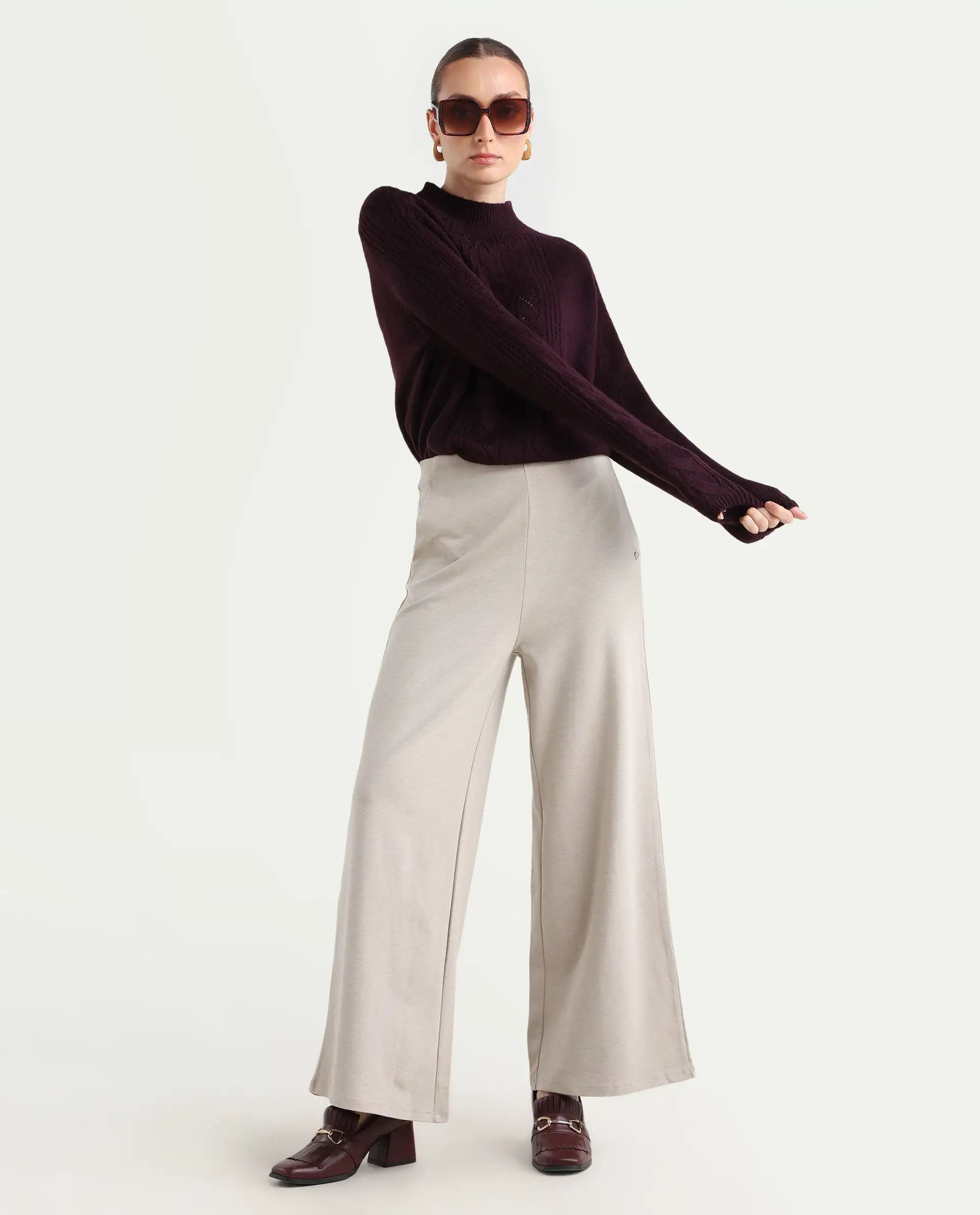 Rareism Women's Shoyon Beige Cotton Blend Plain Midi Wide Trouser