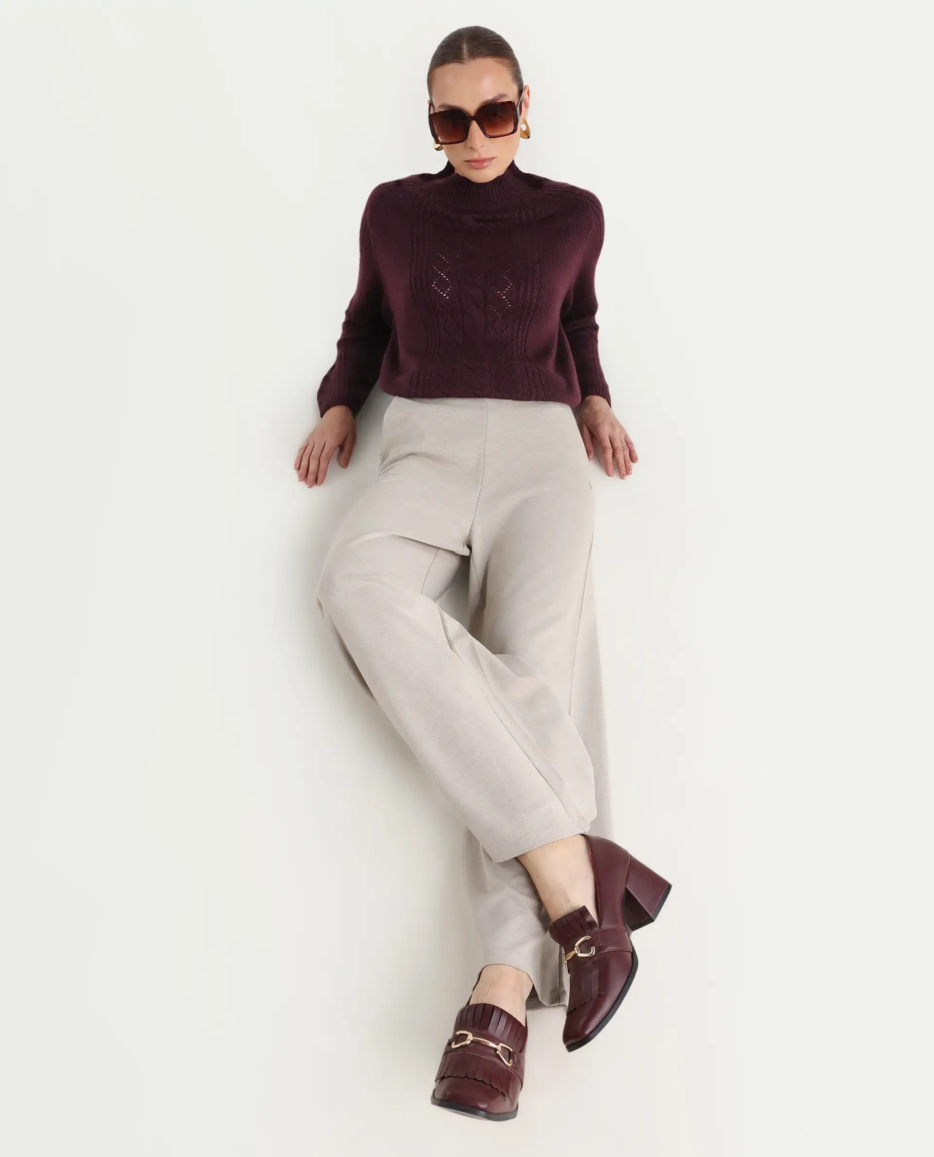 Rareism Women's Shoyon Beige Cotton Blend Plain Midi Wide Trouser - Image 2