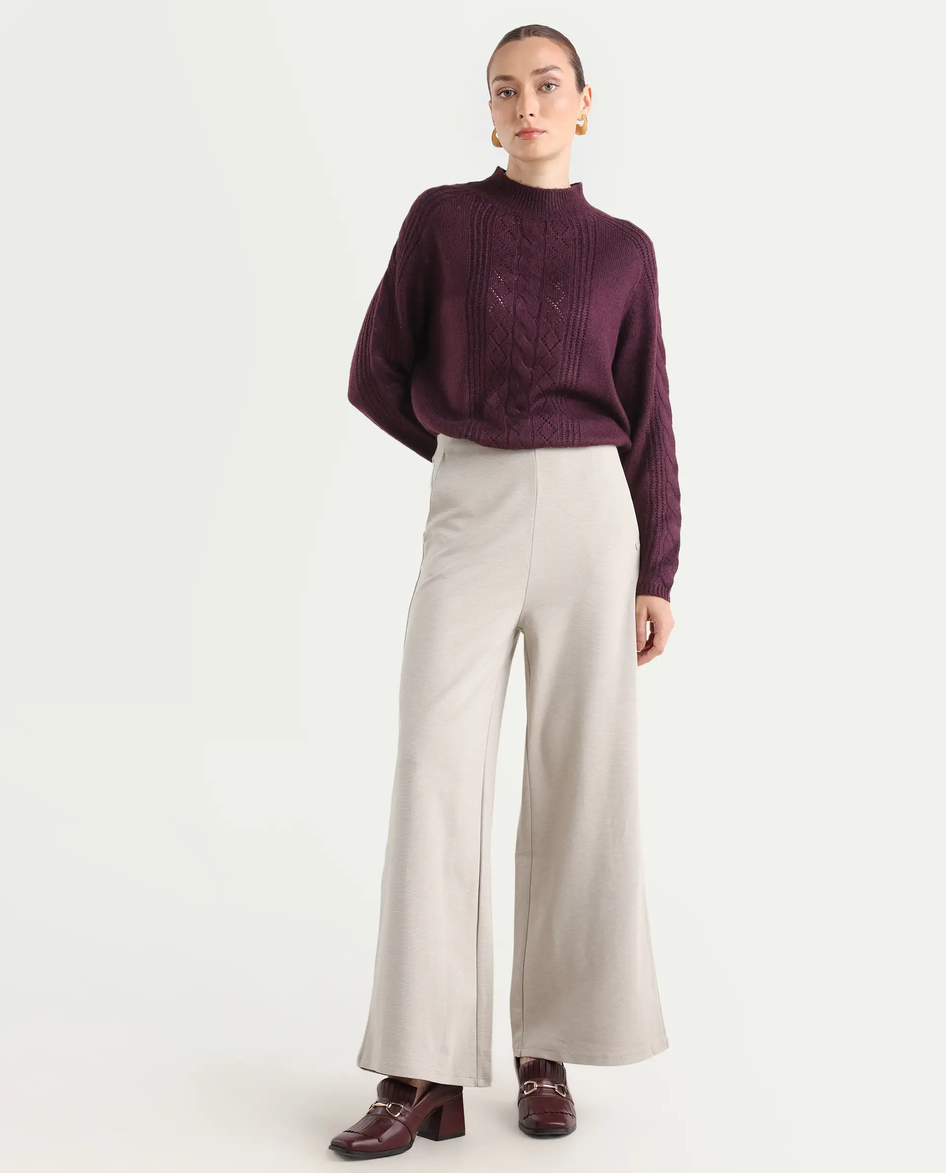 Rareism Women's Shoyon Beige Cotton Blend Plain Midi Wide Trouser - Image 3
