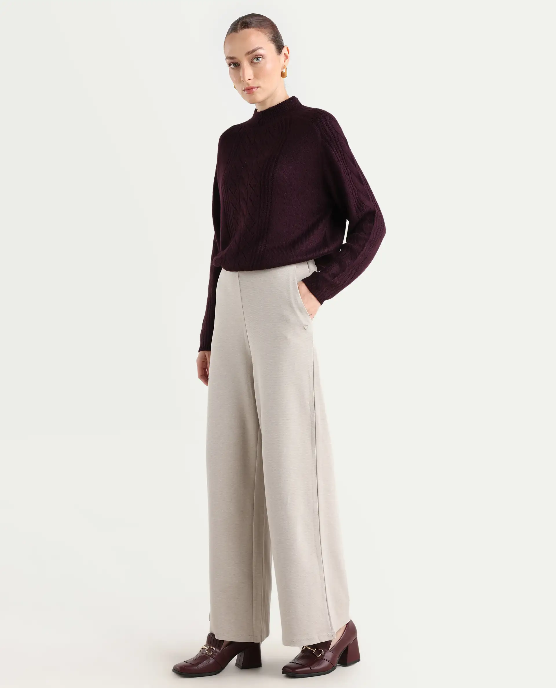 Rareism Women's Shoyon Beige Cotton Blend Plain Midi Wide Trouser - Image 5