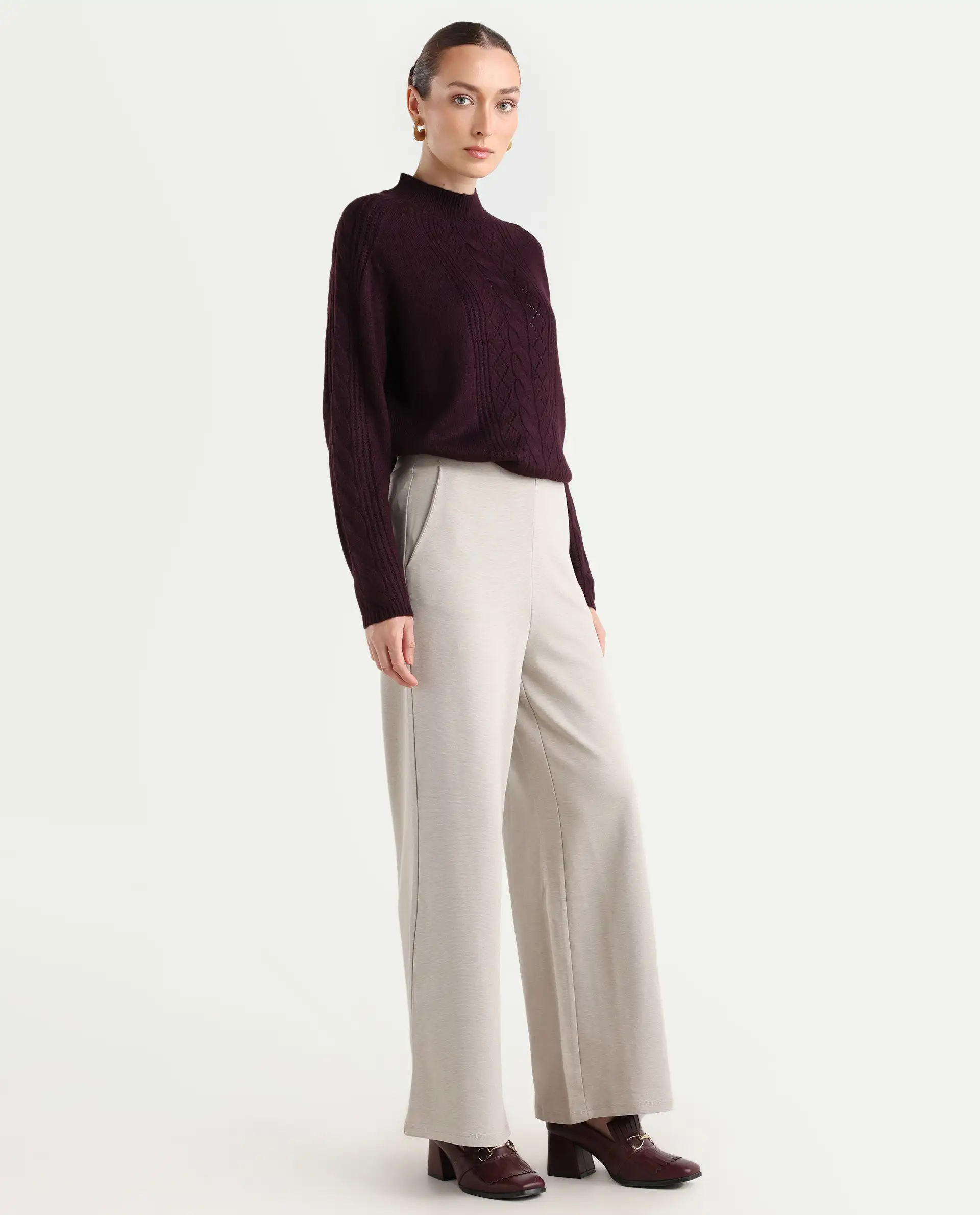 Rareism Women's Shoyon Beige Cotton Blend Plain Midi Wide Trouser - Image 6