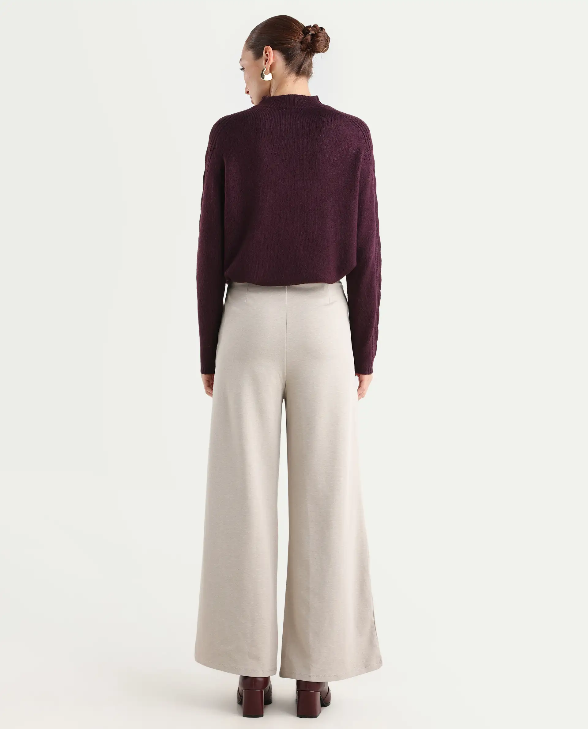 Rareism Women's Shoyon Beige Cotton Blend Plain Midi Wide Trouser - Image 7